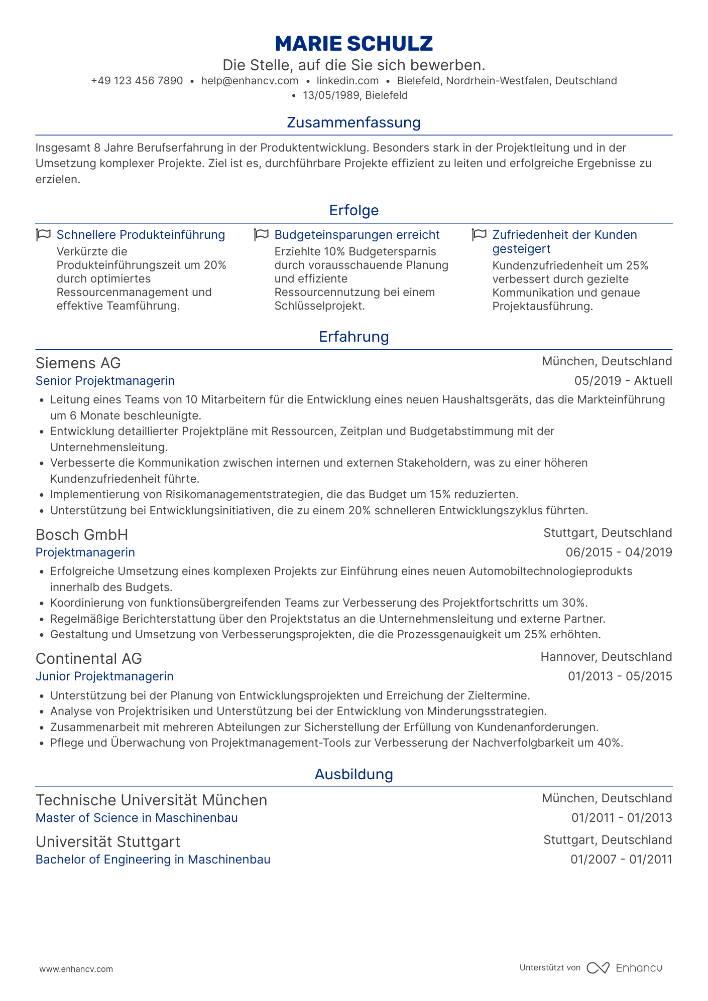 Lebenslauf als Projektmanager für Produktentwicklung