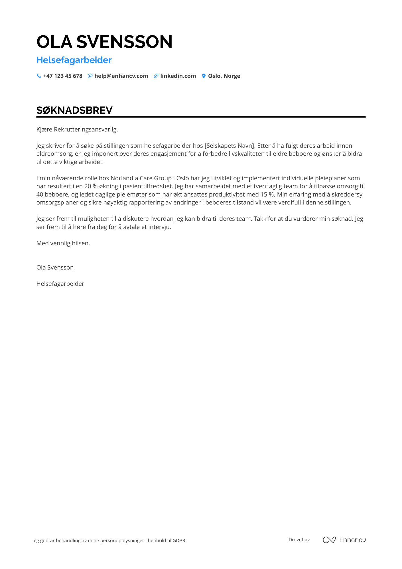 Søknadsbrev for Helsefagarbeider Demens