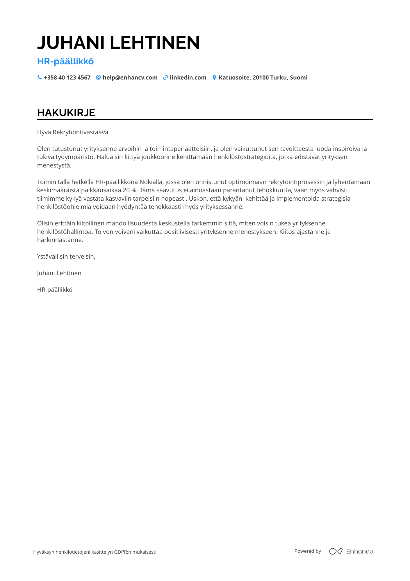 Hakukirje Aloitteleva HR päällikkö