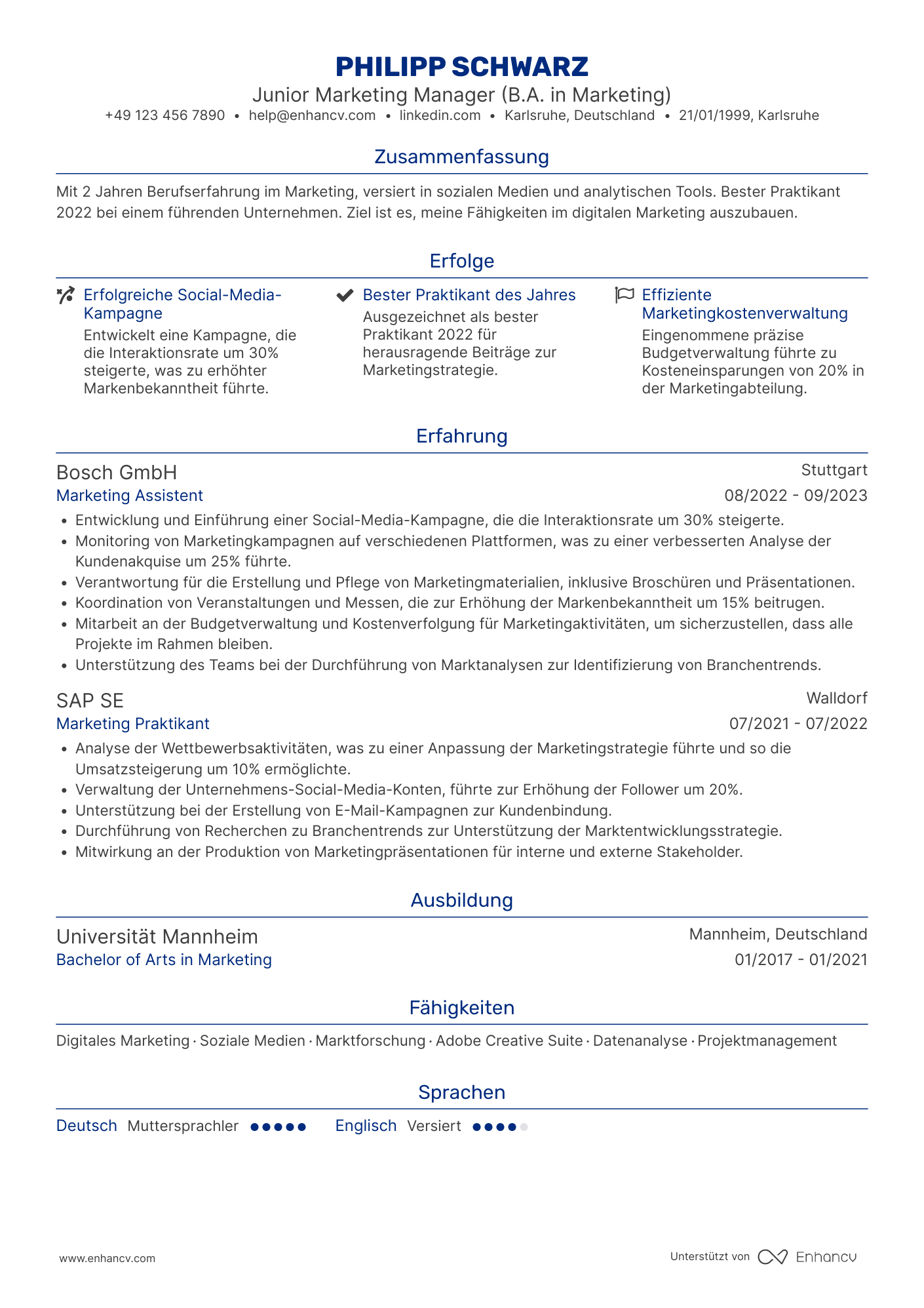 Lebenslauf als Junior Marketing Manager