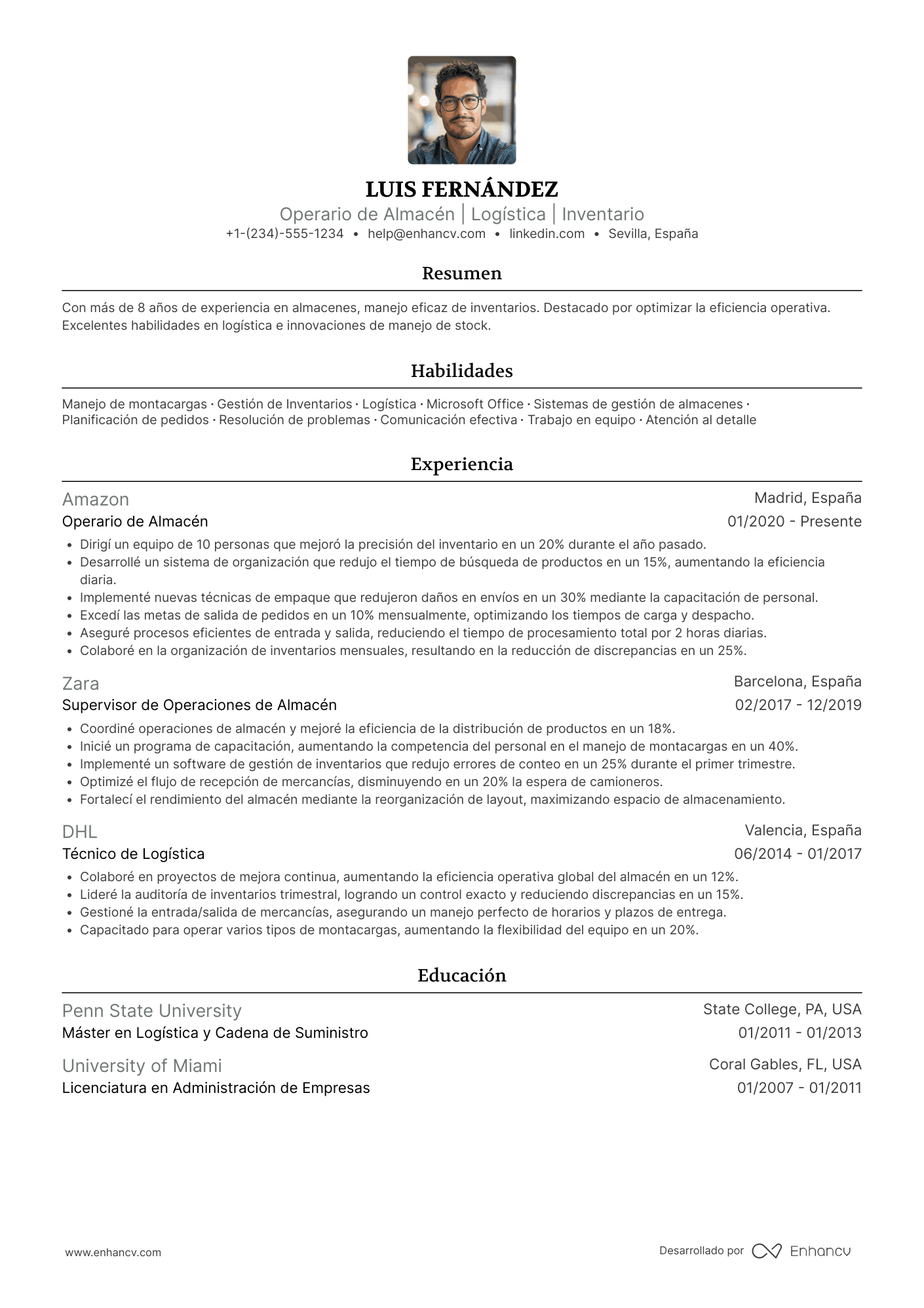 Ejemplo de currículum de operario de almacén