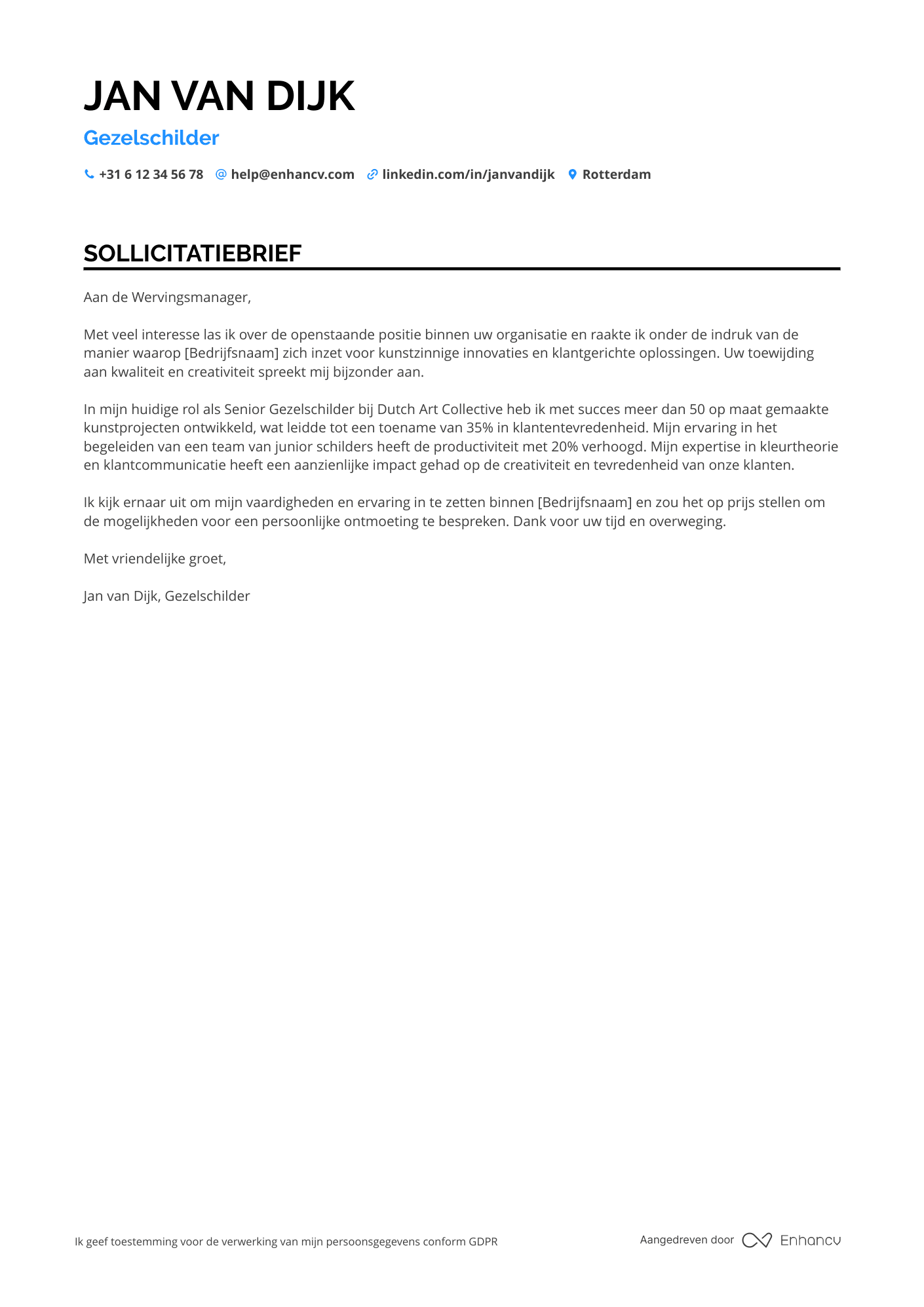Sollicitatiebrief voor Gezelschilder