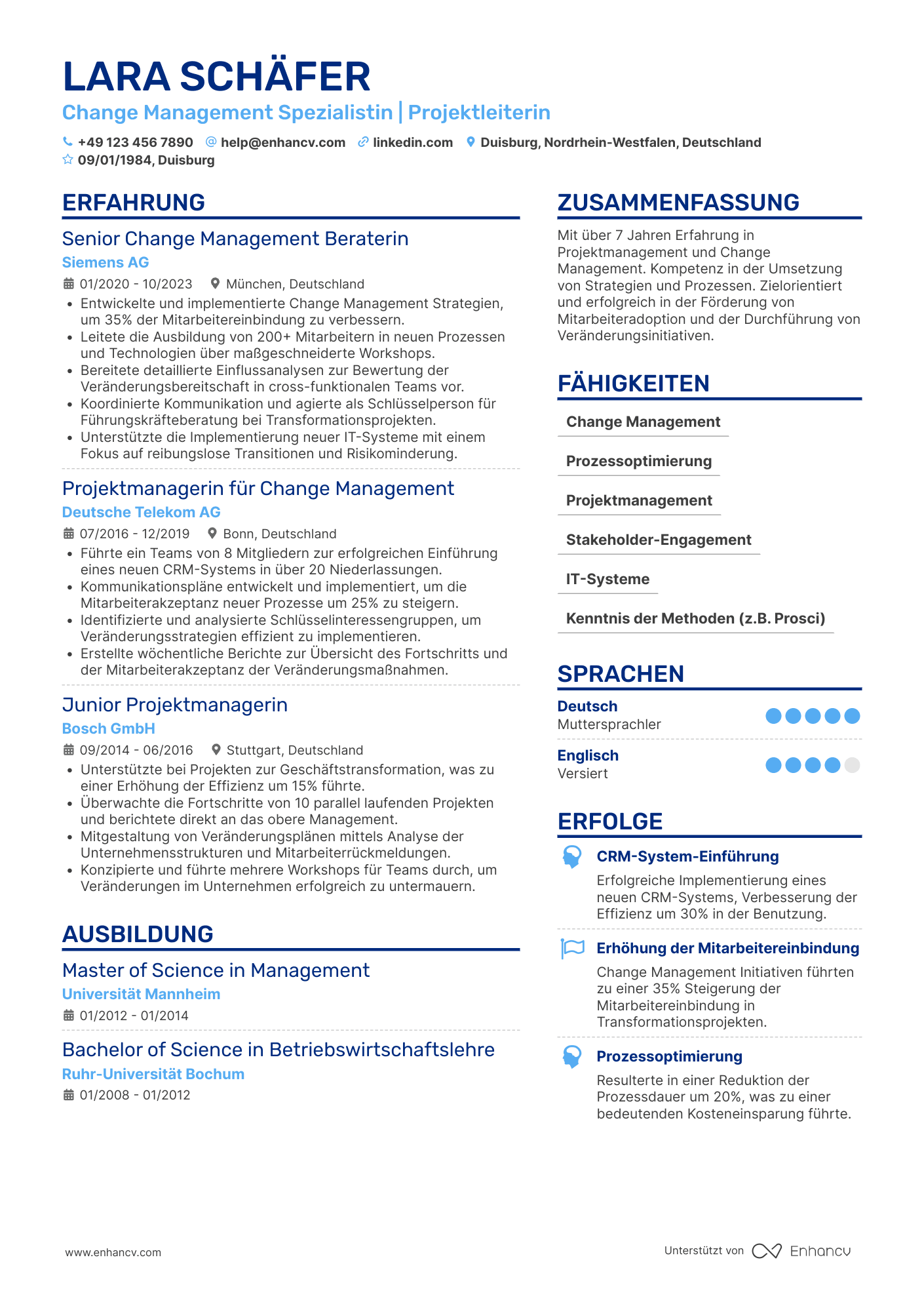 Lebenslauf als Projektmanager für Change Management
