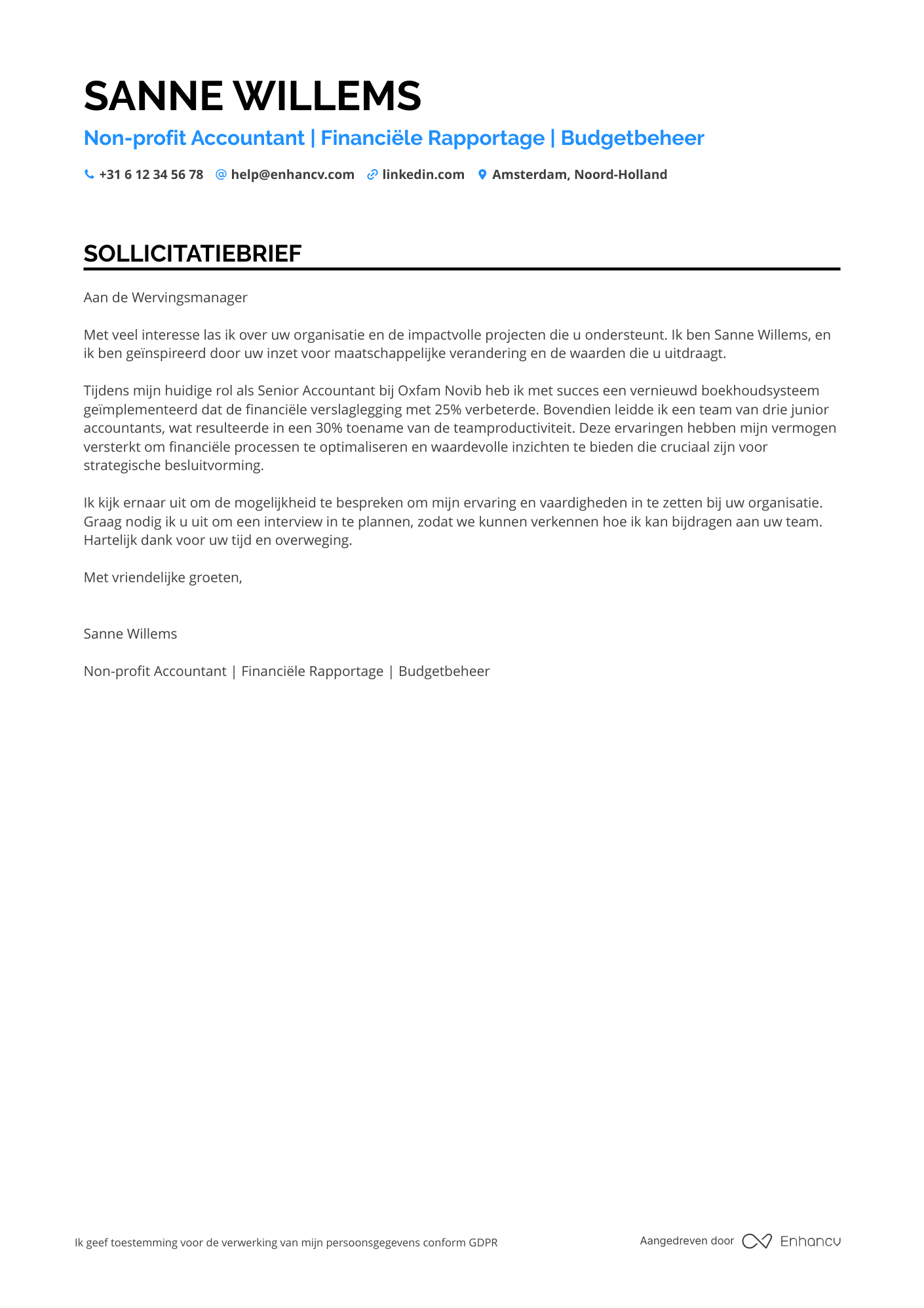 Sollicitatiebrief voor Non profit Accountant