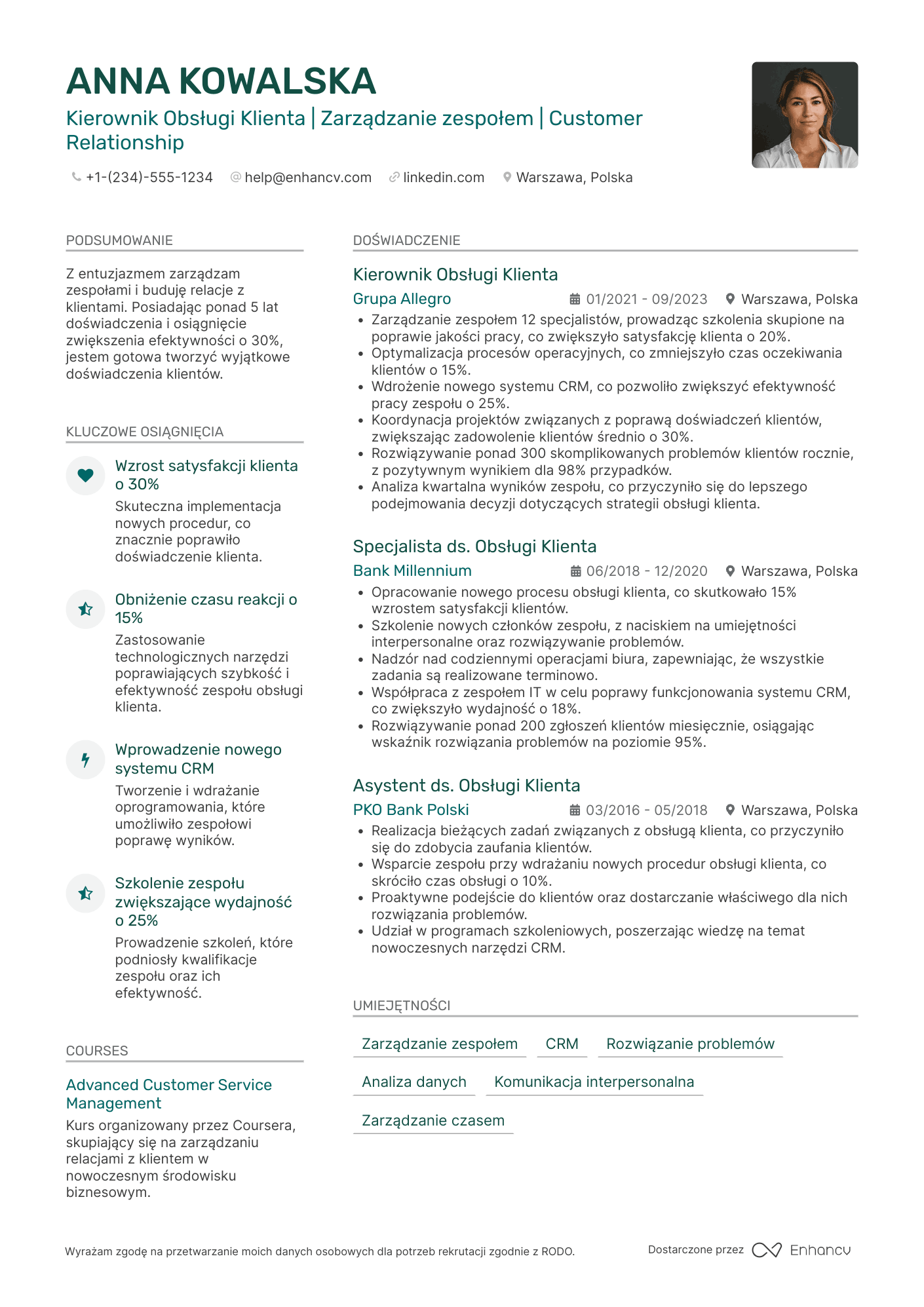 CV dla Kierownik Obsługi Klienta
