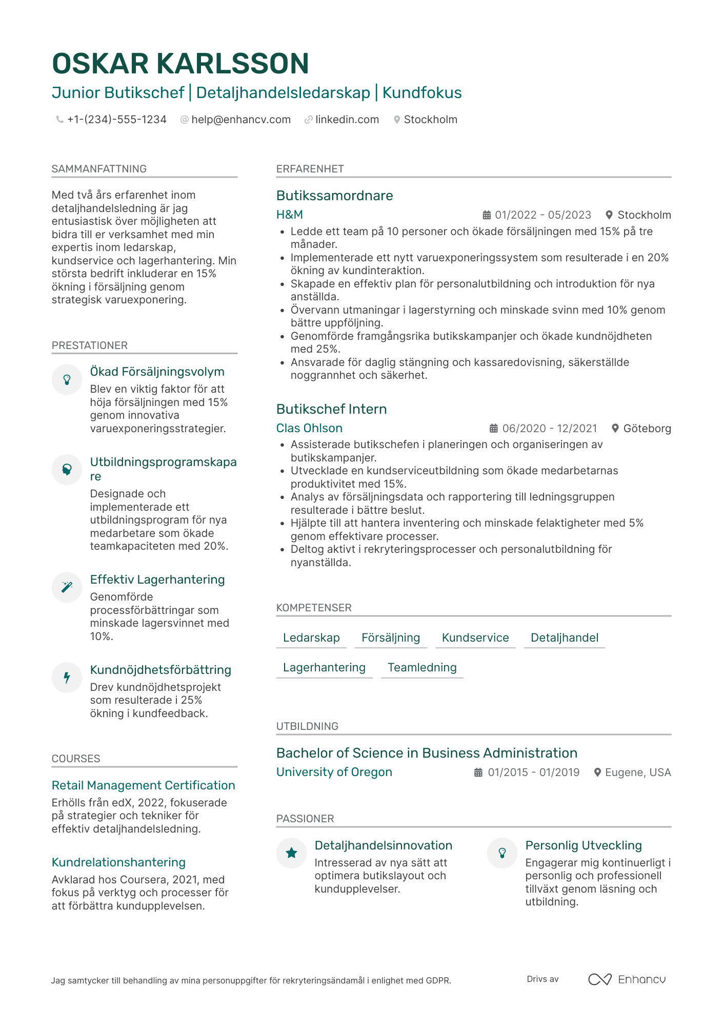 CV för Junior Butikschef
