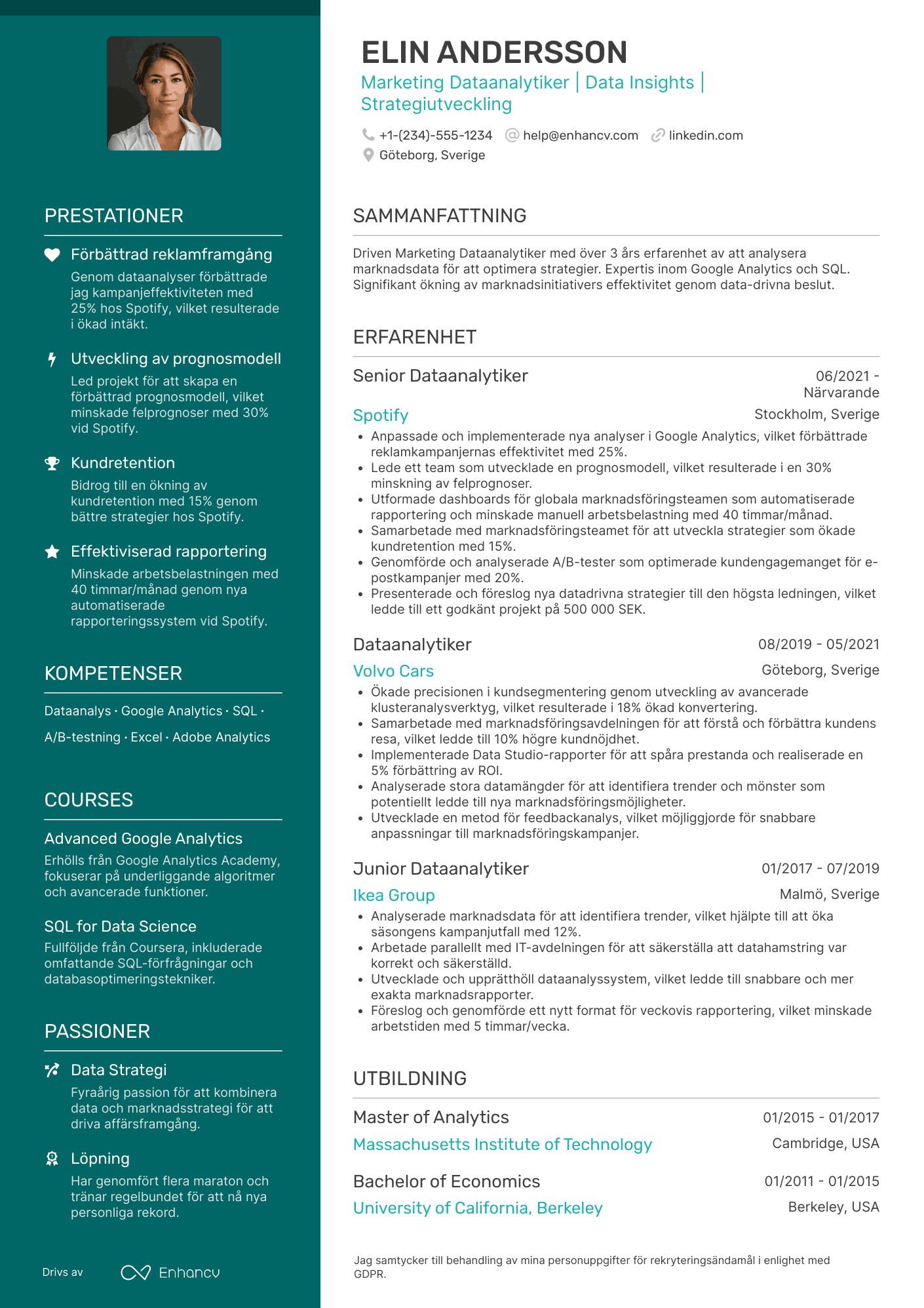 CV för Marketing Dataanalytiker