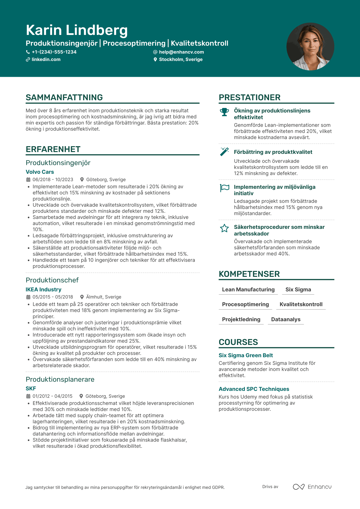 CV för Produktionsingenjör