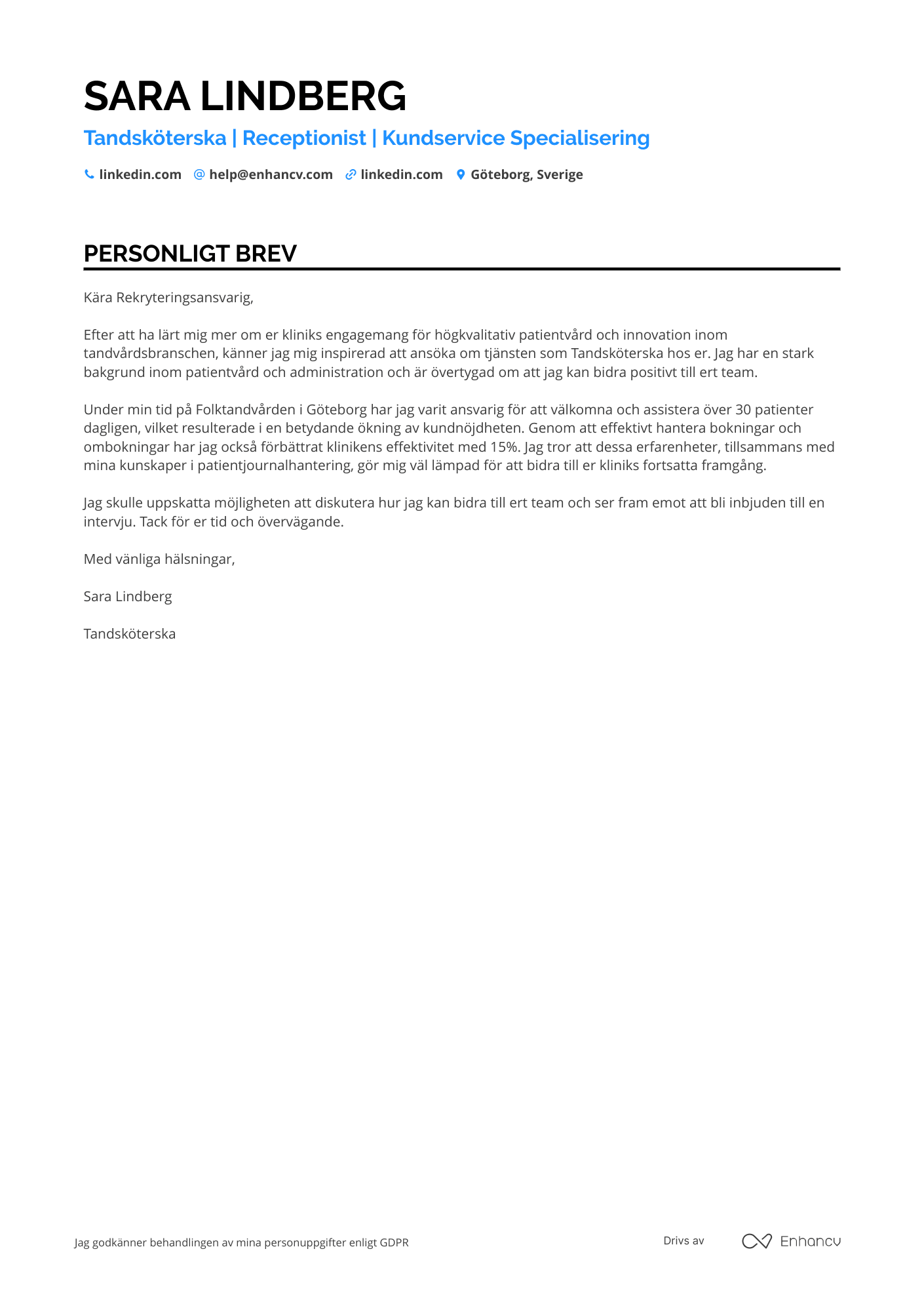 Personligt brev för Dental Receptionist