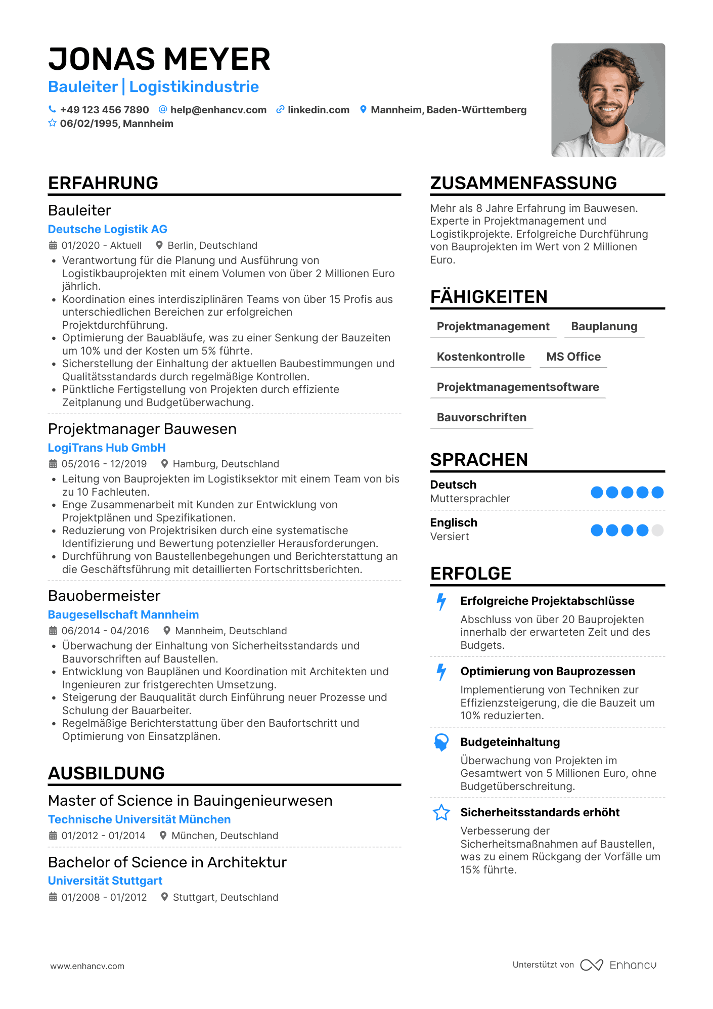 Lebenslauf in Bauleiter in der Logistikindustrie