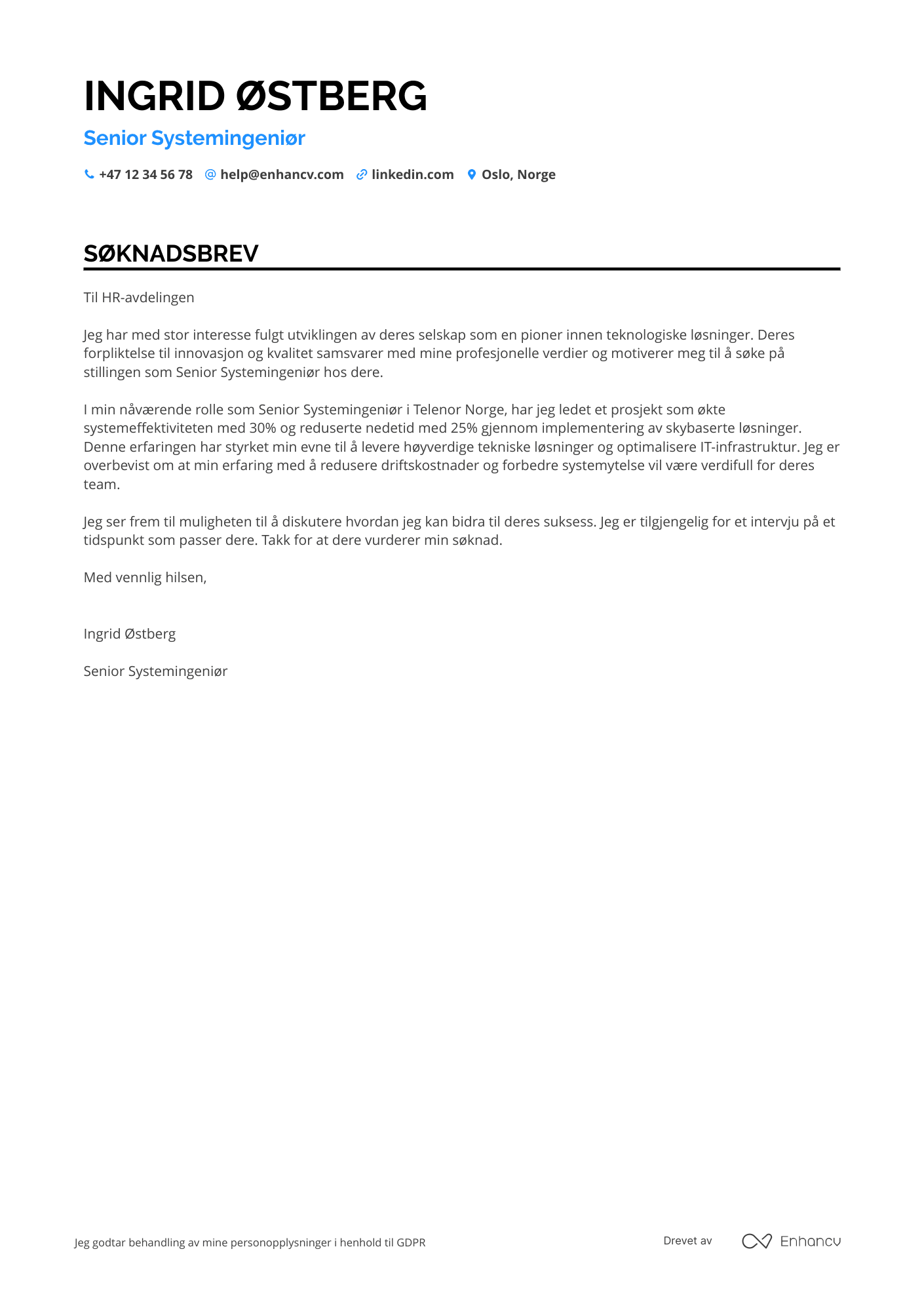 Søknadsbrev for Senior systemingeniør