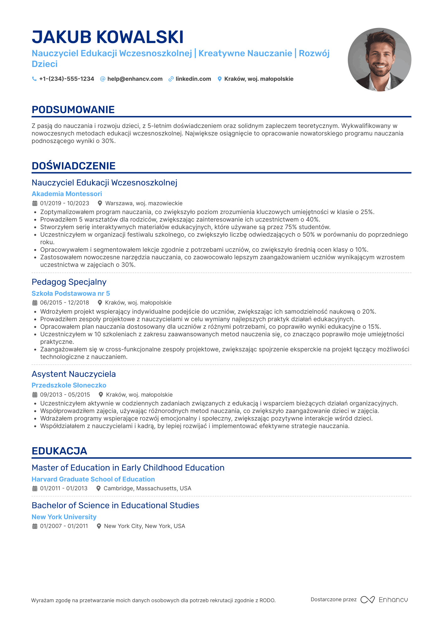 CV dla Nauczyciel Edukacji Wczesnoszkolnej w Szkole Prywatnej