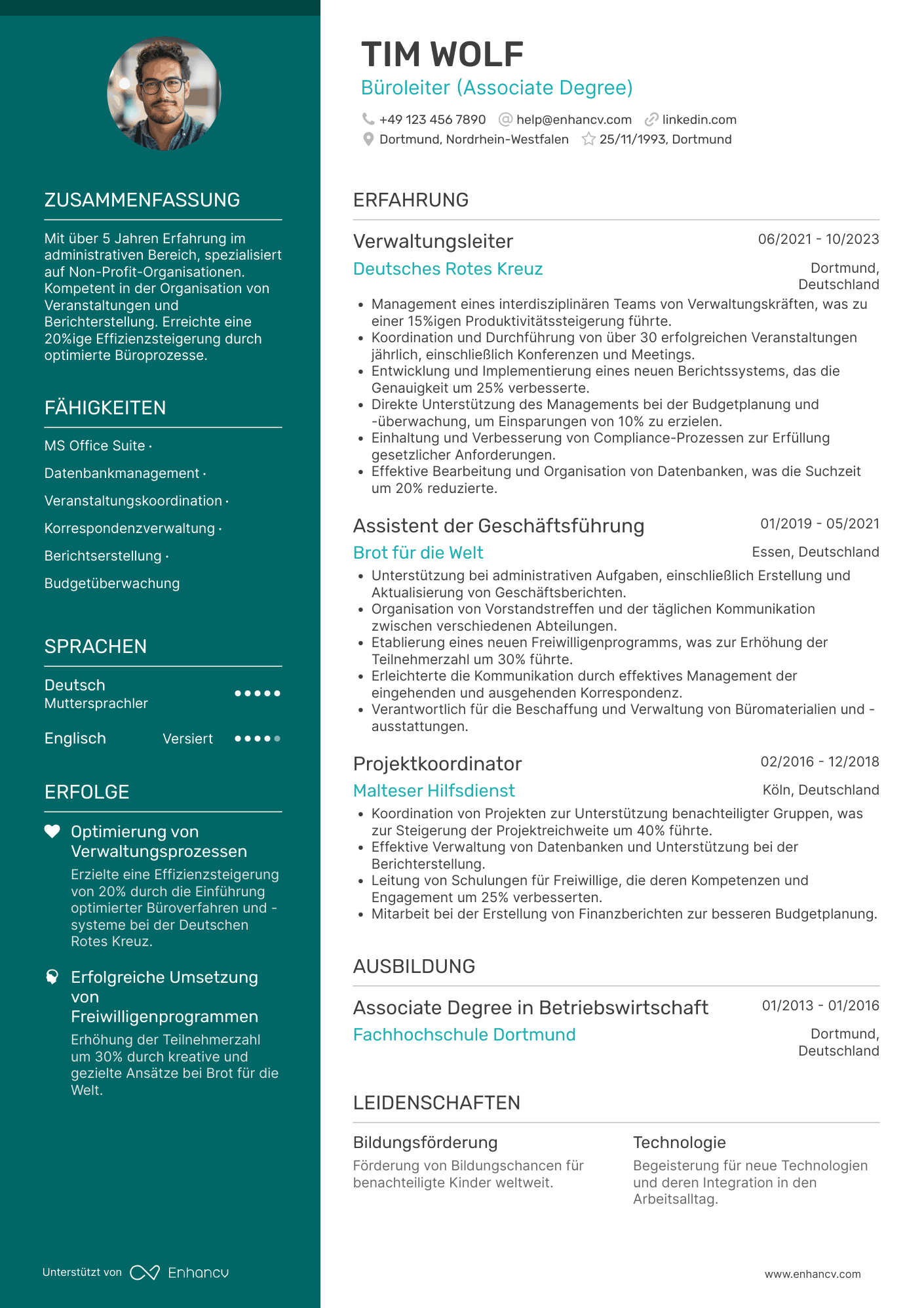 Lebenslauf in Verwaltungsassistent im Bereich Non Profit