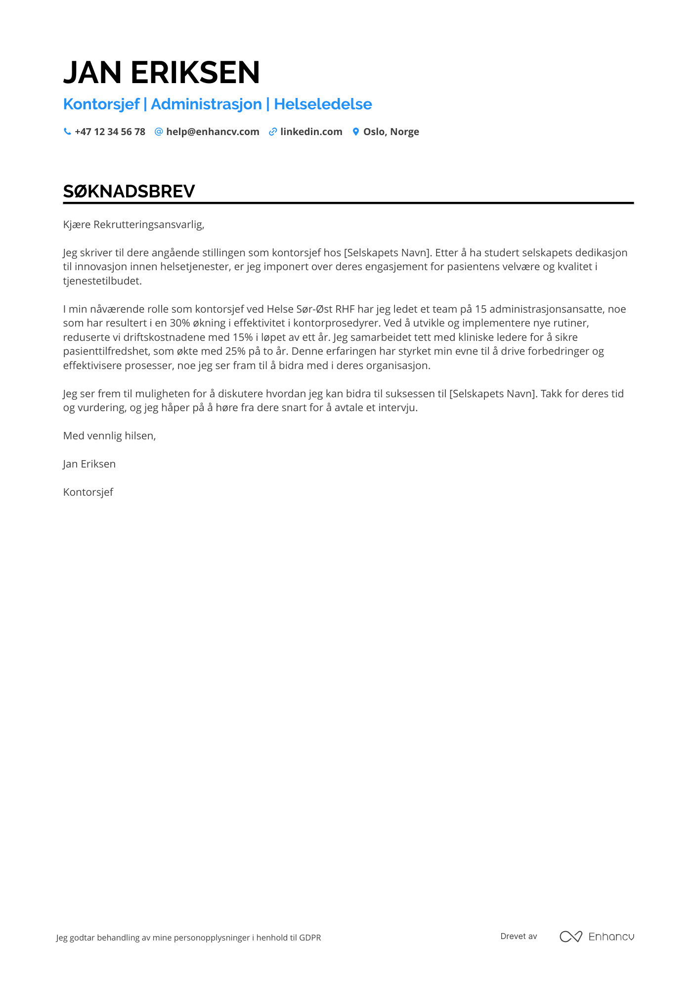 Søknadsbrev for Kontorsjef helsevesen