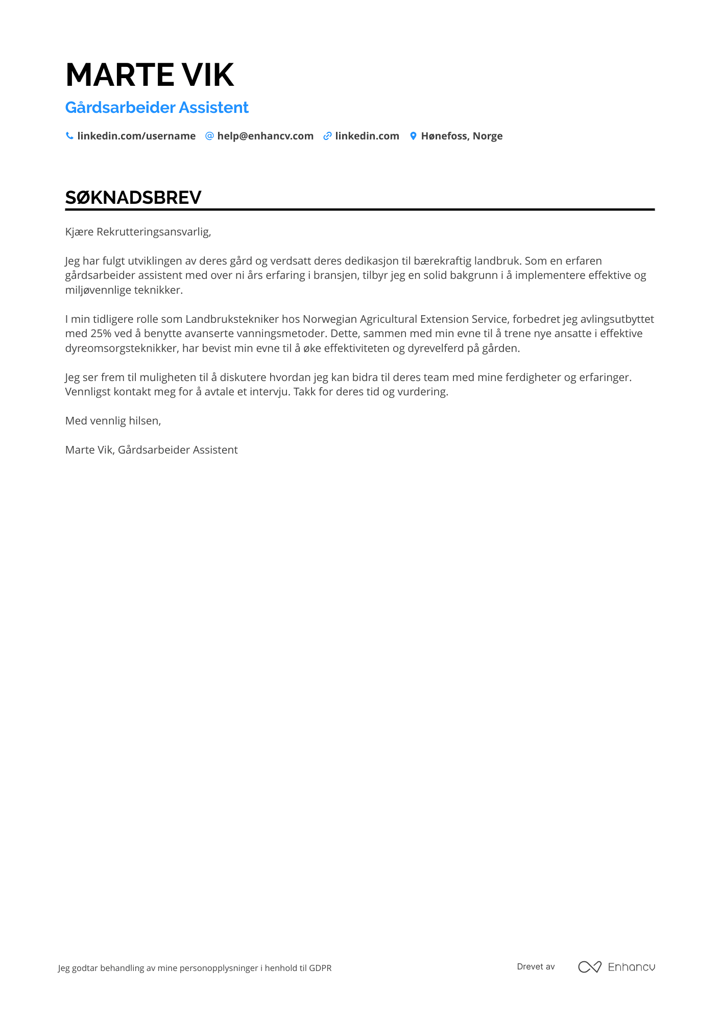 Søknadsbrev for Gårdsarbeider assistent