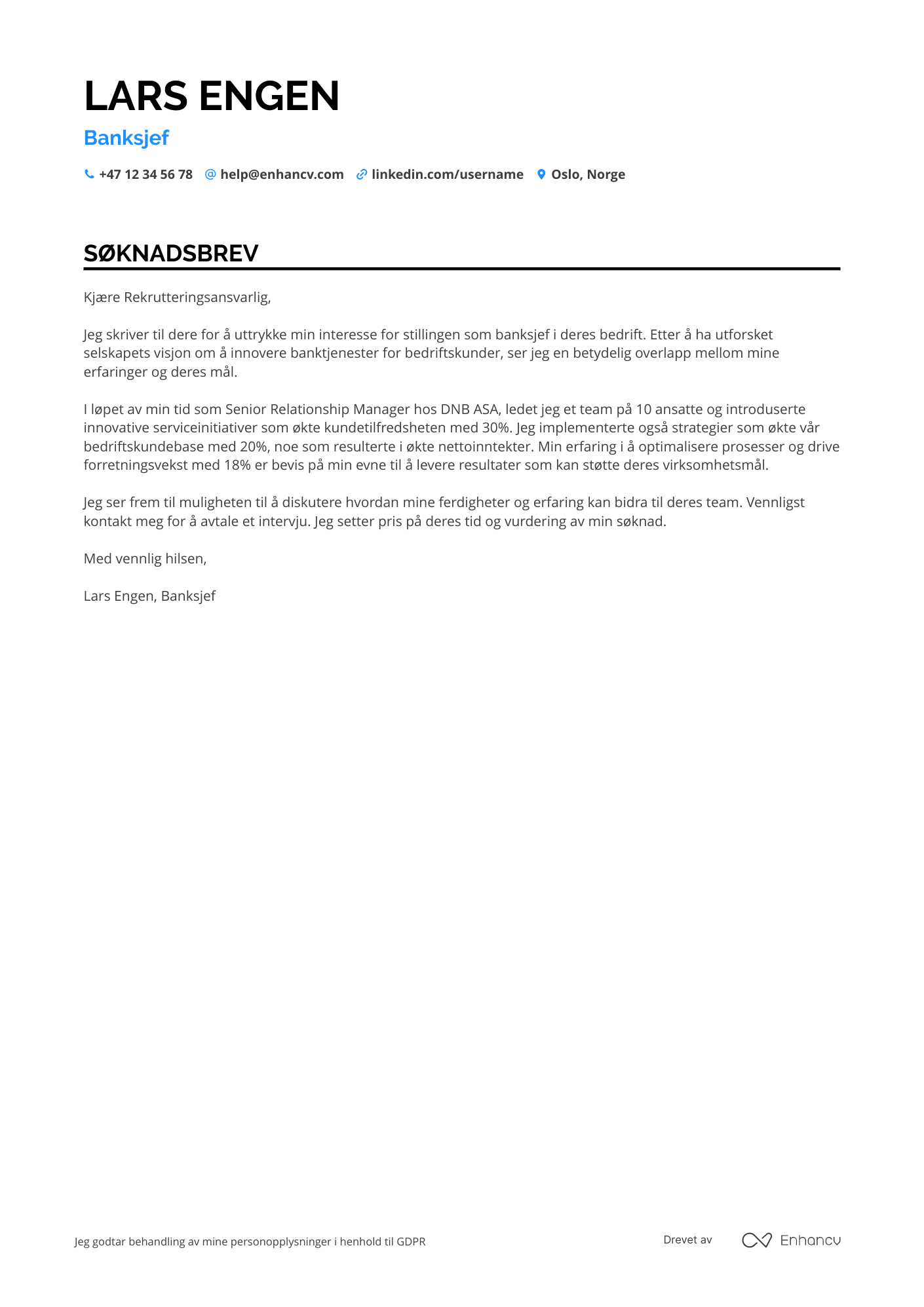 Søknadsbrev for Banksjef for bedriftsmarkedet