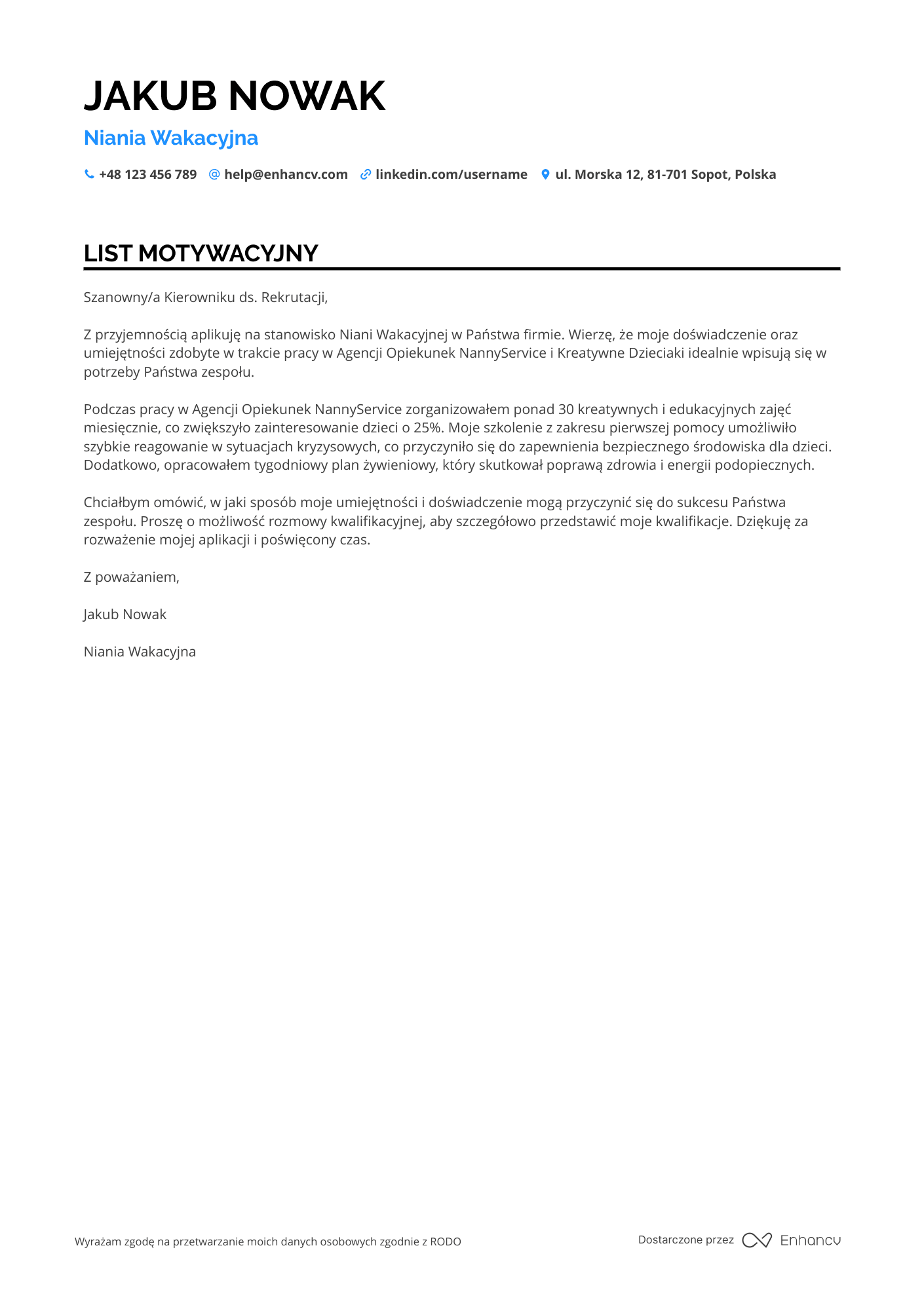 List motywacyjny dla Niania Wakacyjna