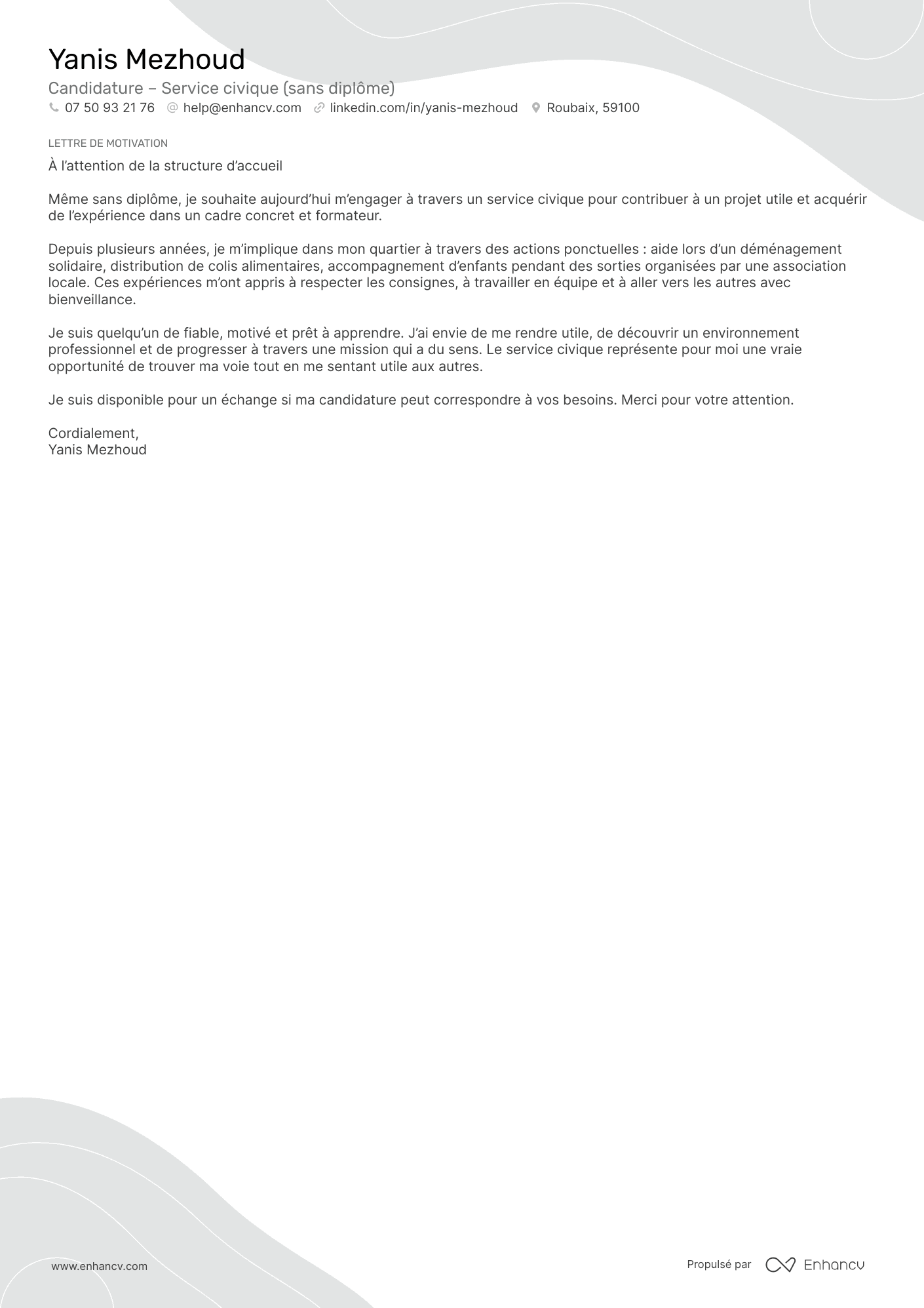 Exemple de lettre de motivation pour un service civique sans diplôme