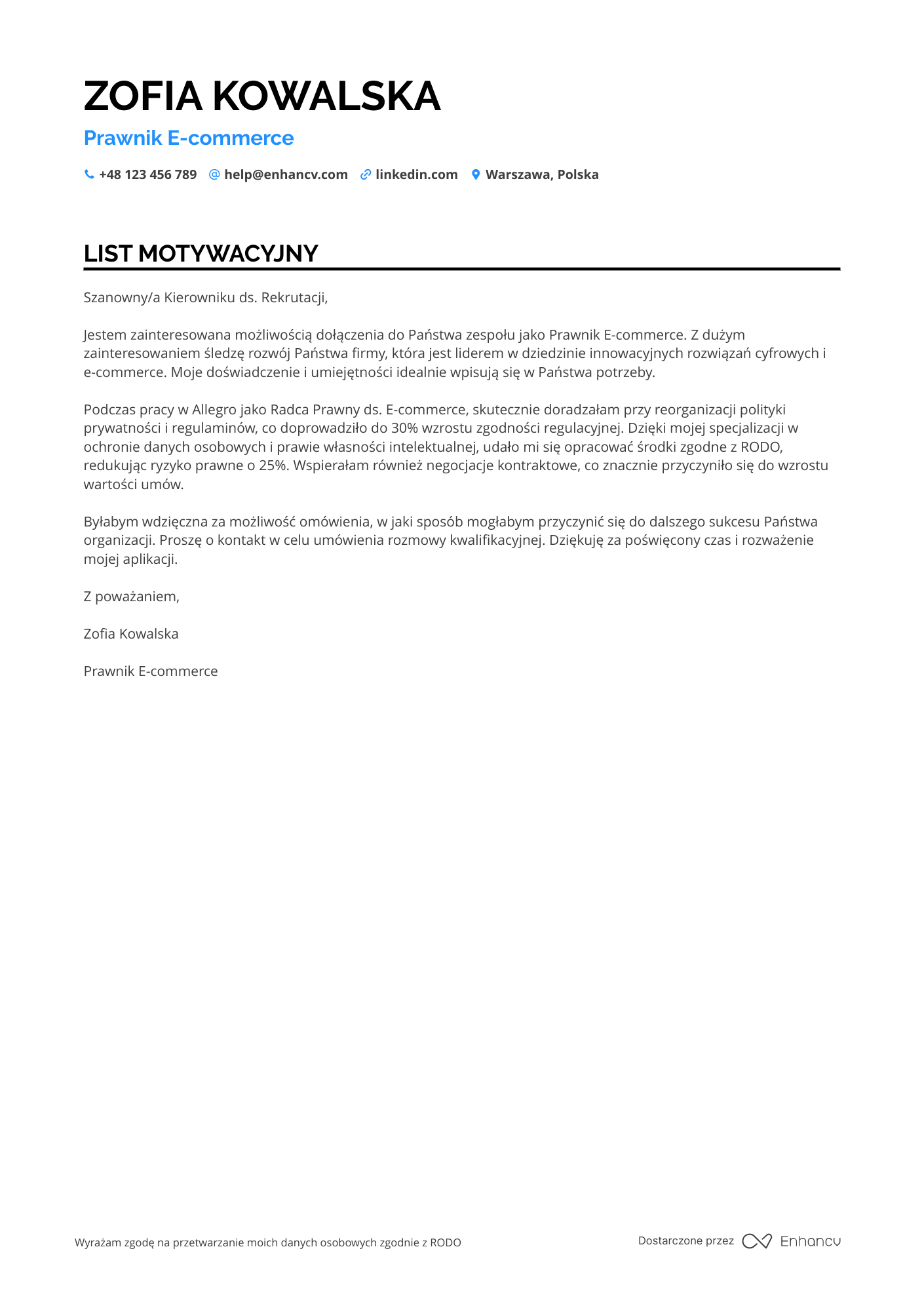 List motywacyjny dla Prawnik ds. Prawa E commerce