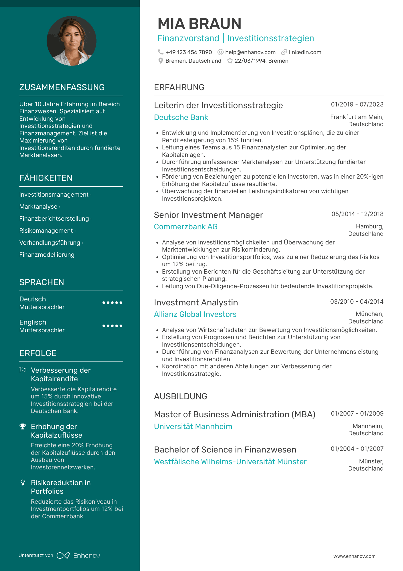 Lebenslauf als Finanzvorstand für Investitionsstrategie