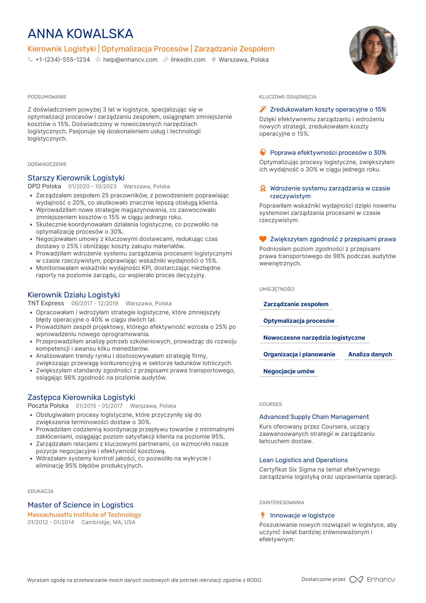 CV dla Kierownik Logistyki