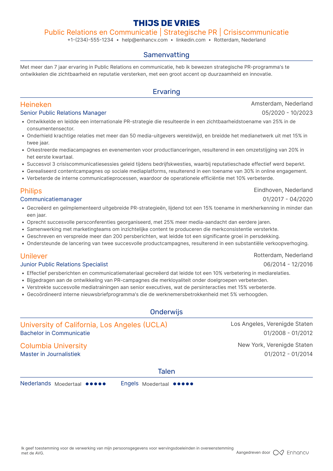 CV voor Public Relations and Communications Manager