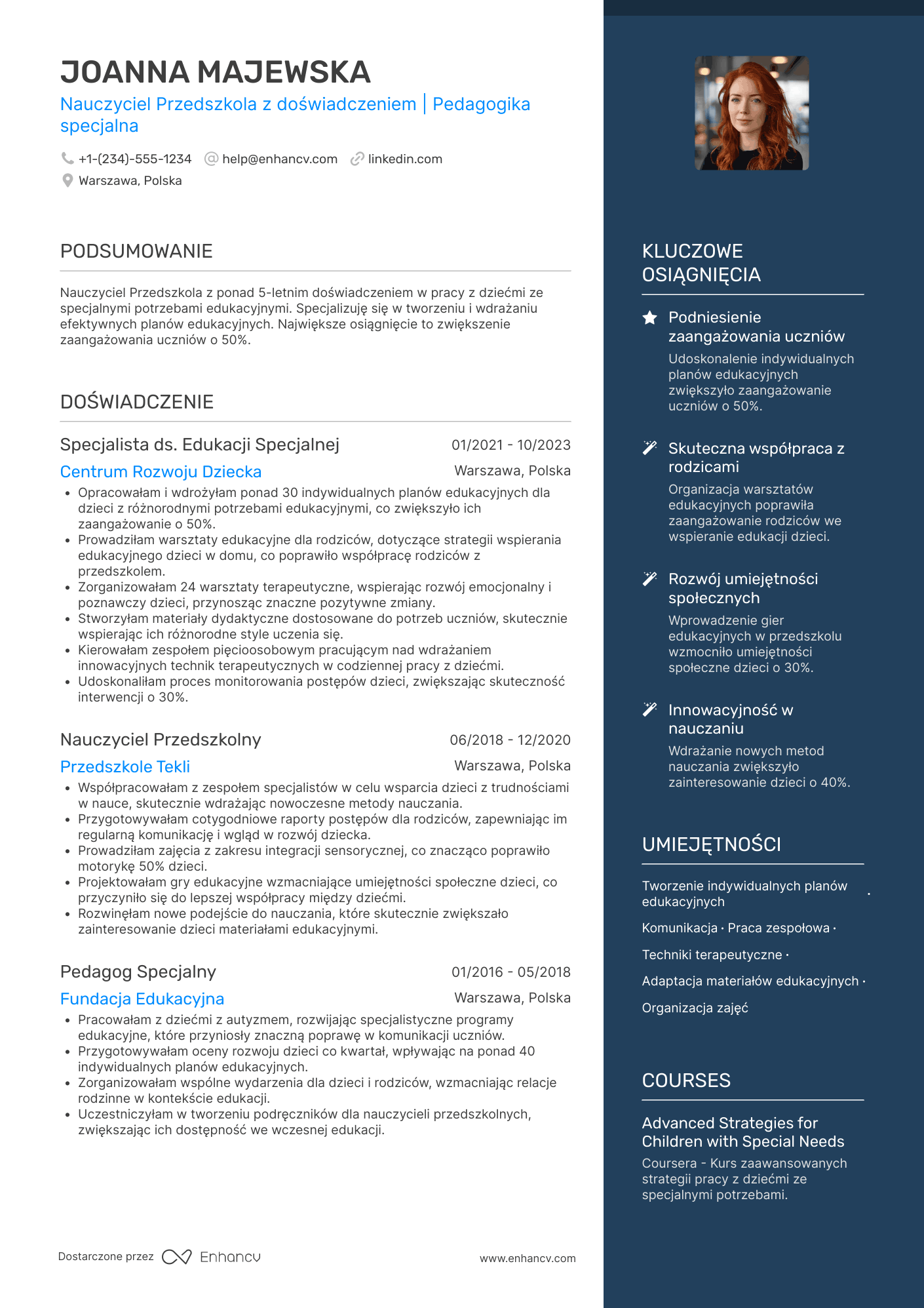 CV dla Nauczyciel Przedszkola dla Dzieci ze Specjalnymi Potrzebami