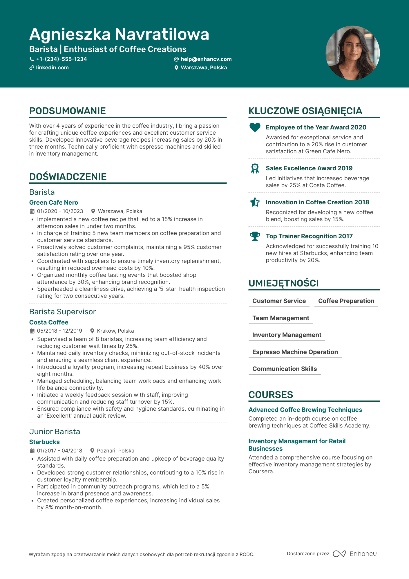 CV dla Coffee Shop Barista