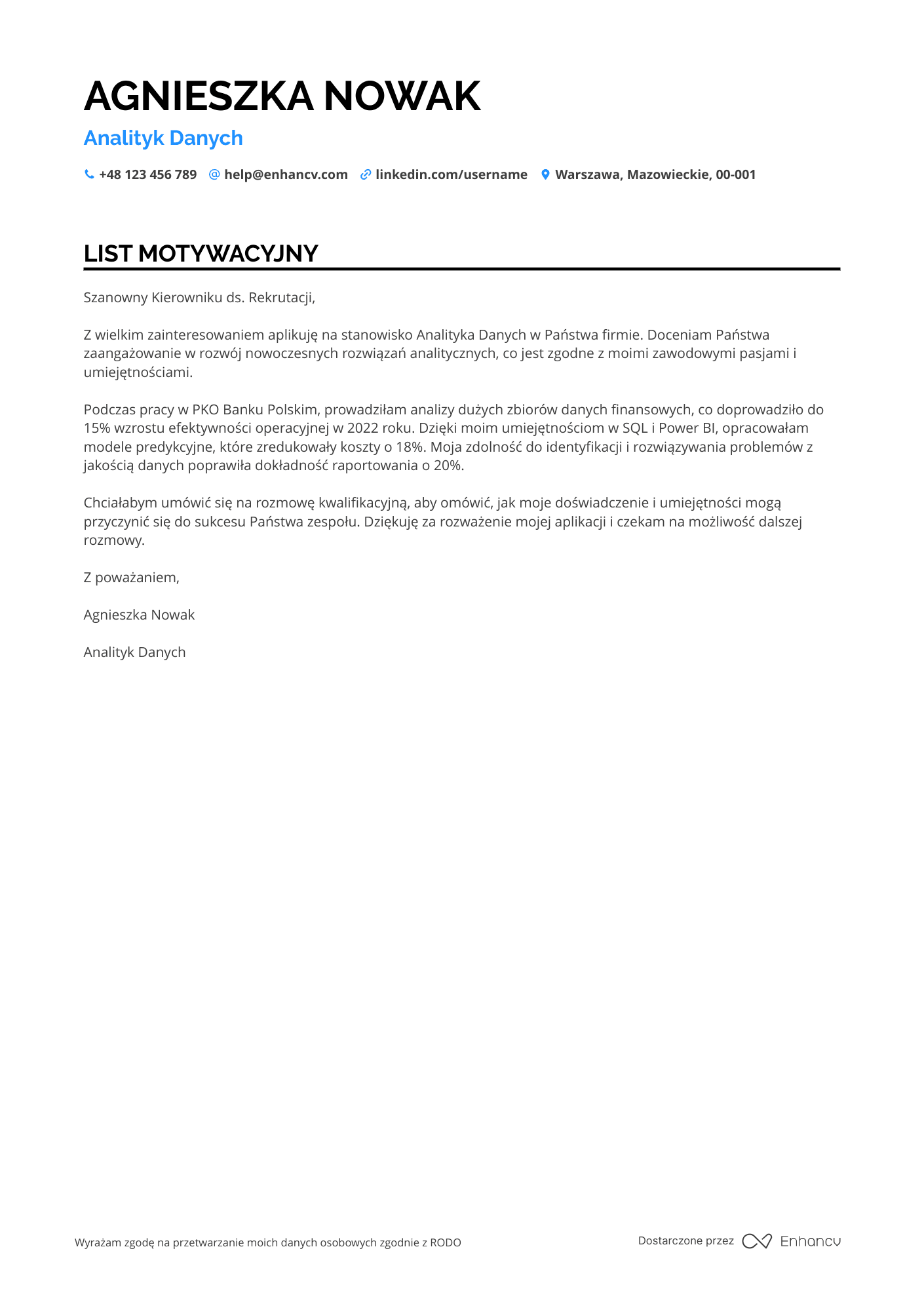 List motywacyjny dla Analityk Danych w Finansach