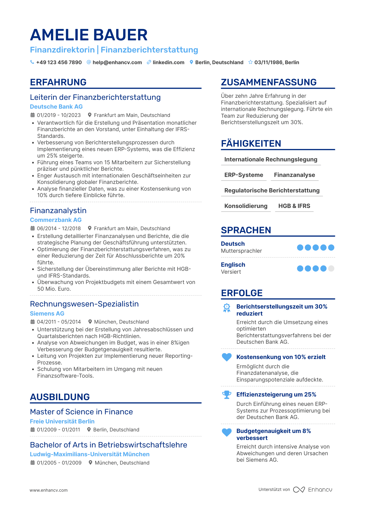 Lebenslauf als Finanzvorstand für Finanzberichterstattung