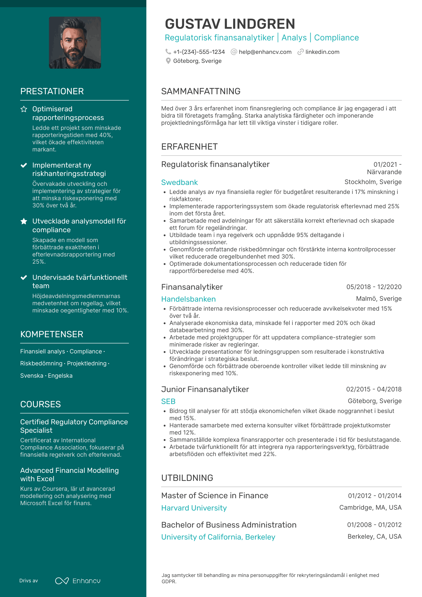 CV för Regulatorisk finansanalytiker