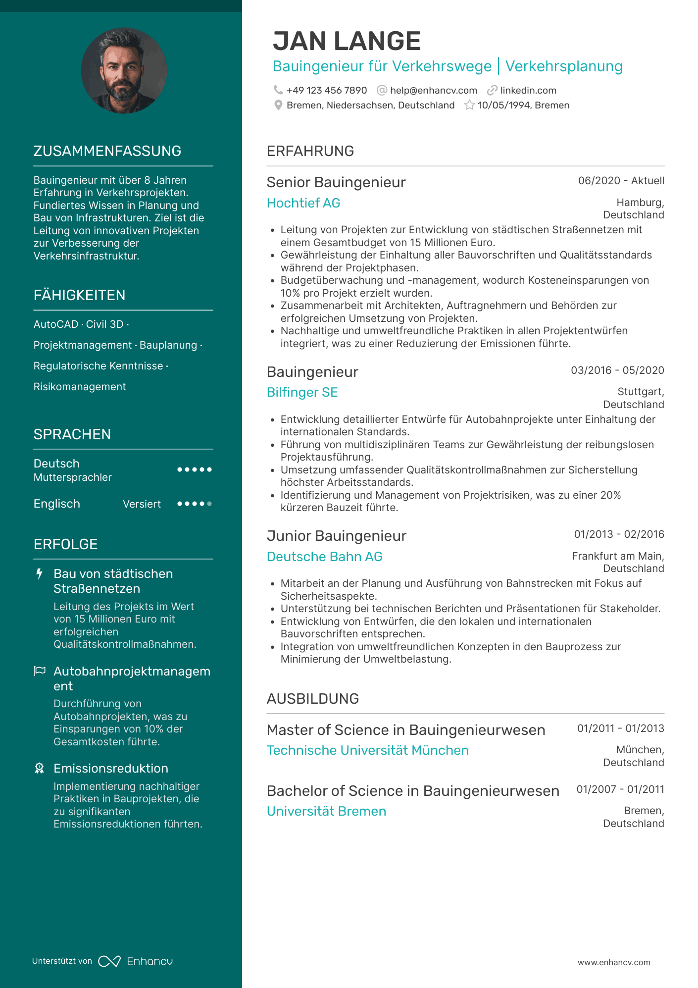 Lebenslauf als Bauingenieur für Verkehrswege