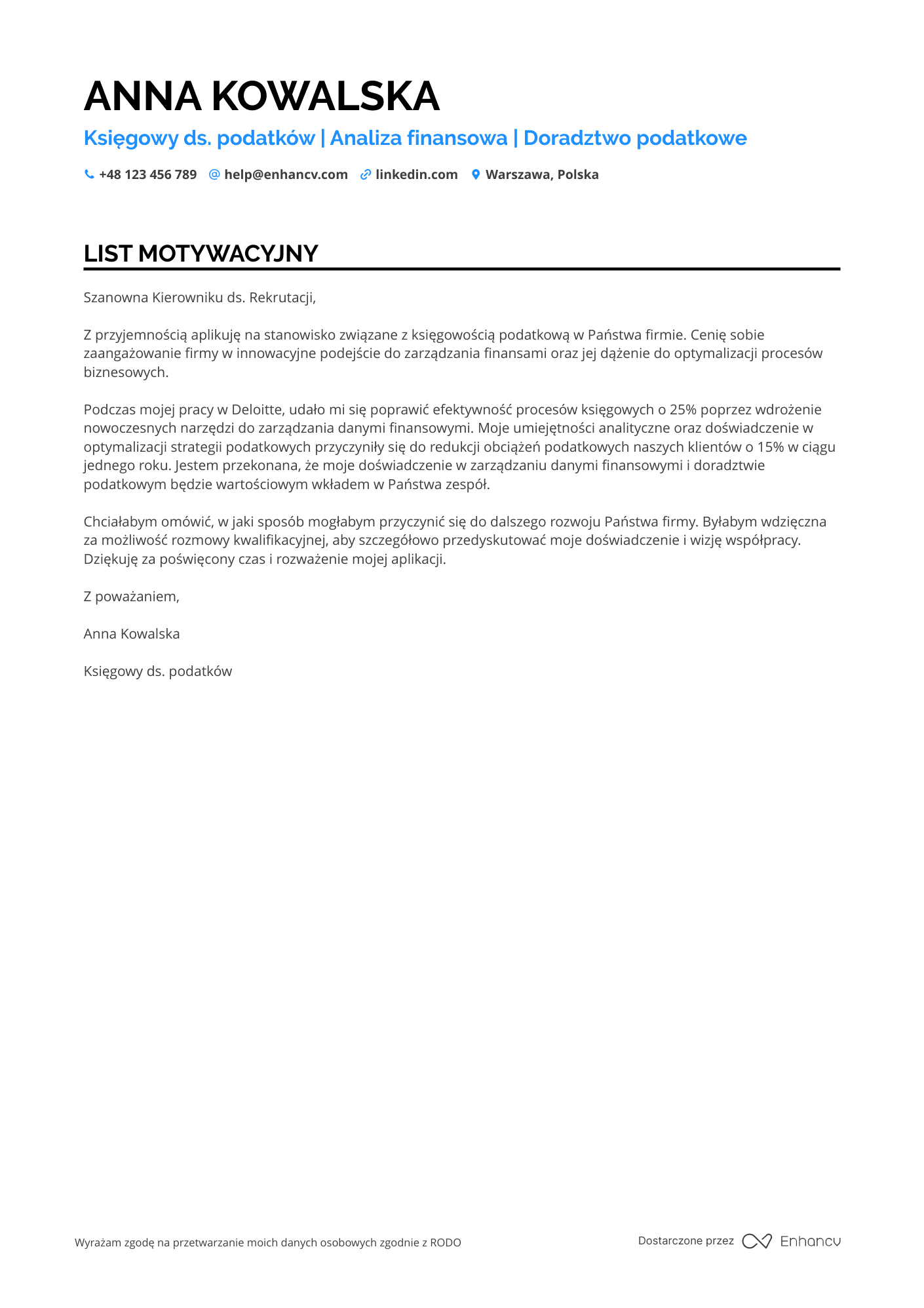 List motywacyjny dla Księgowy ds. podatków