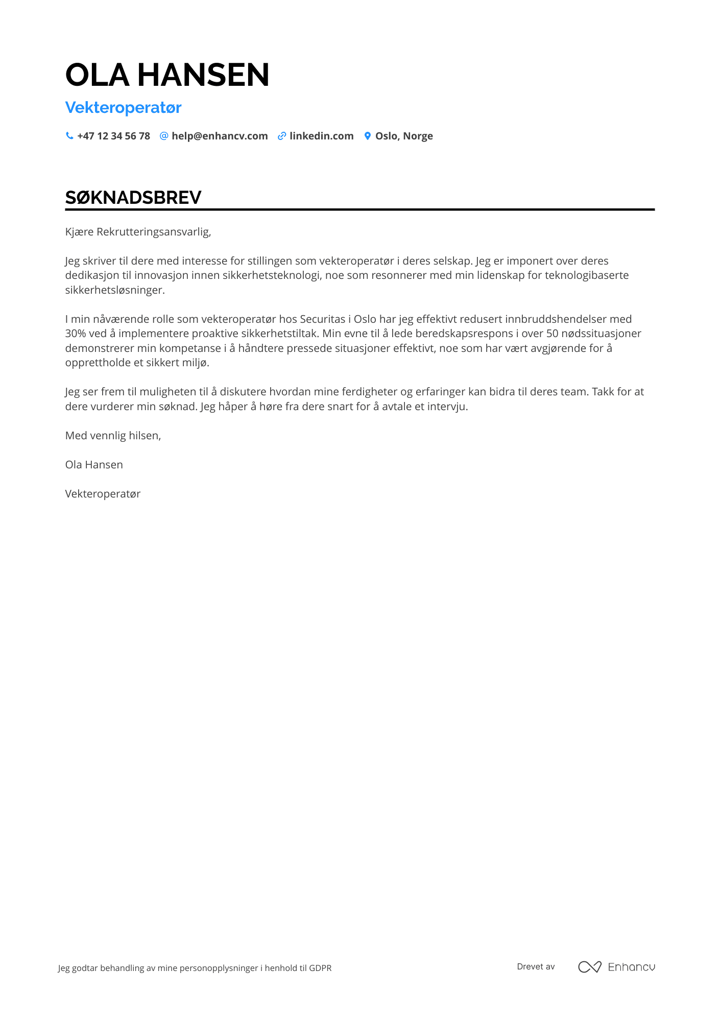 Søknadsbrev for Vekteroperatør