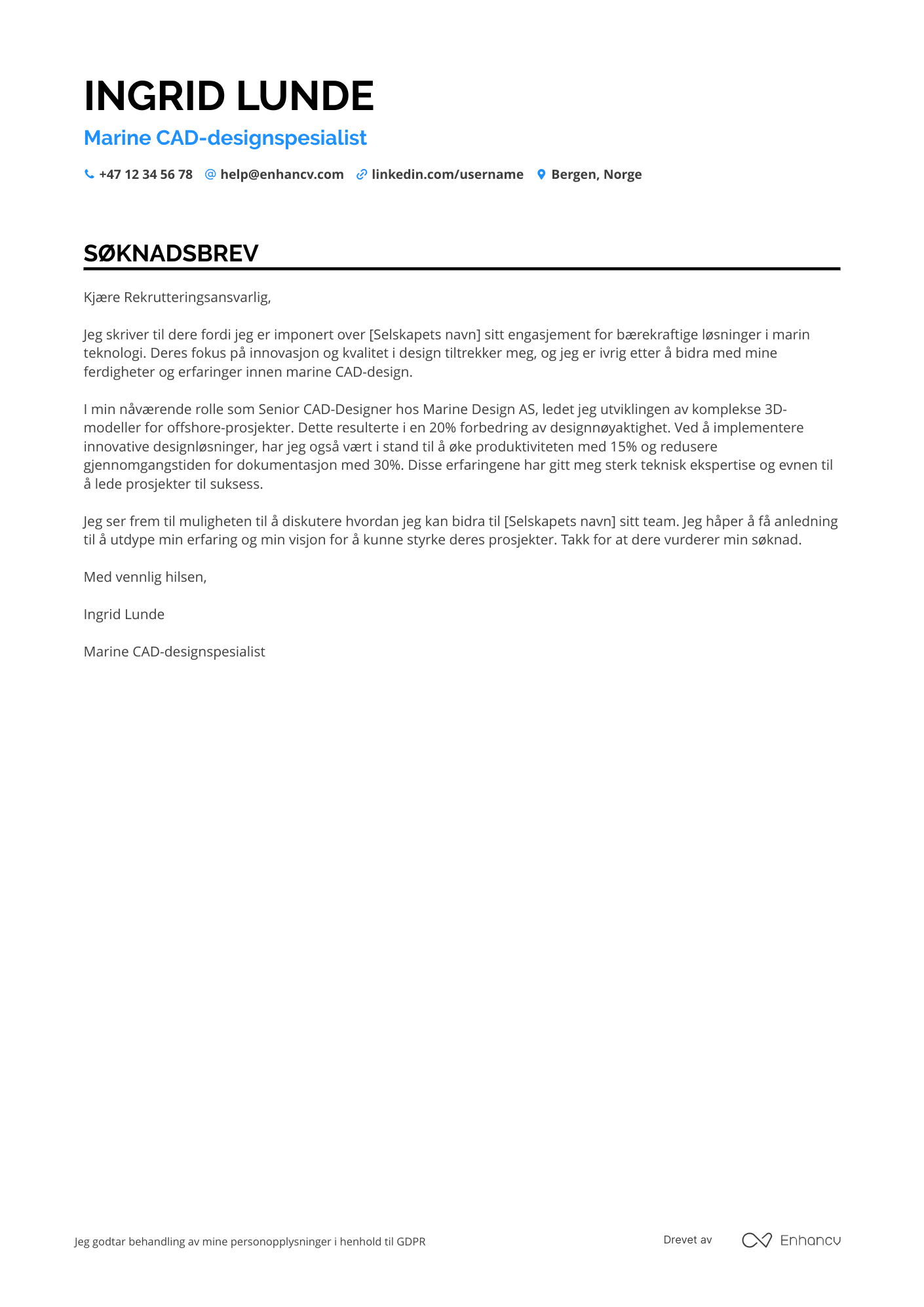 Søknadsbrev for Marine CAD designspesialist