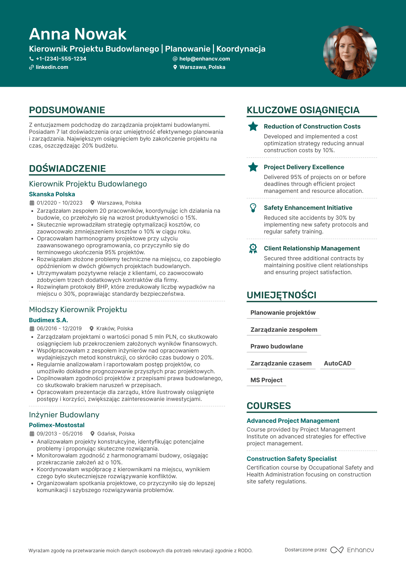 CV dla Kierownik Projektu Budowlanego