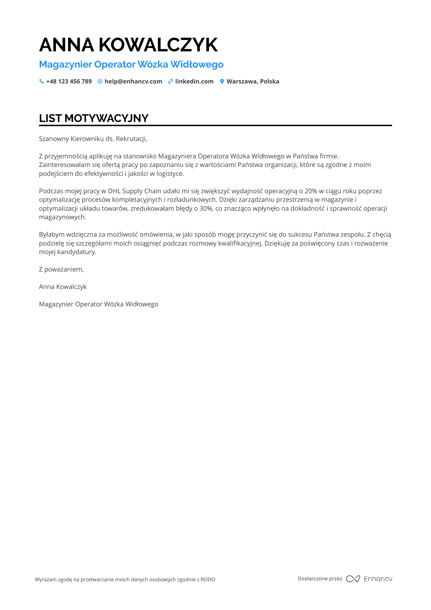 List motywacyjny dla Magazynier Operator Wózka Widłowego