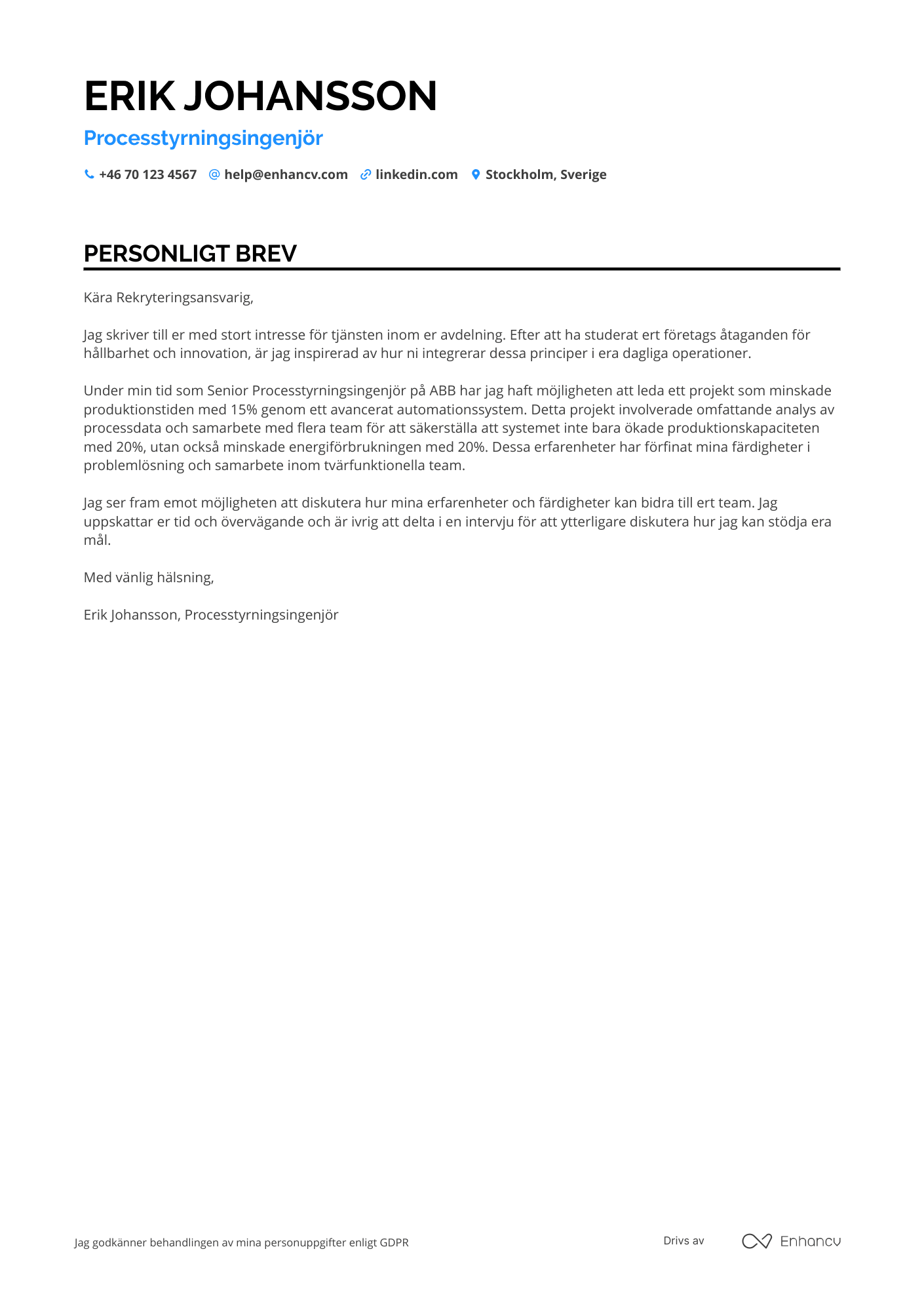 Personligt brev för Processtyrningsingenjör