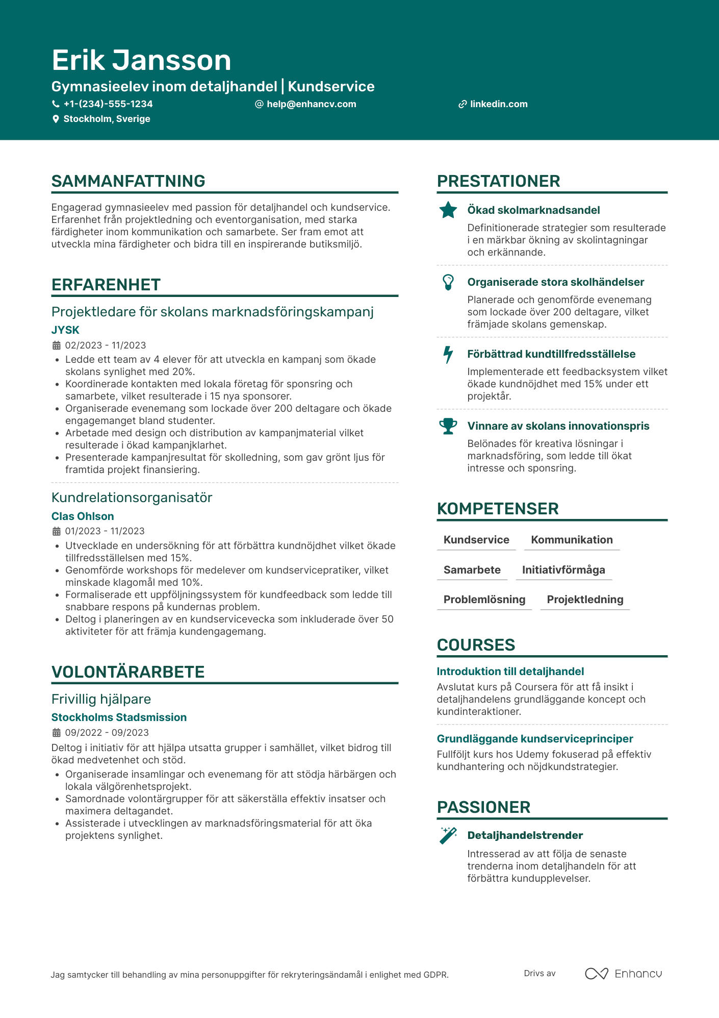 CV för Gymnasieelev Detaljhandel