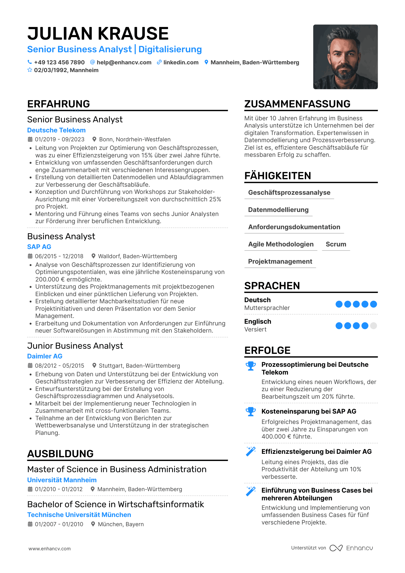 Lebenslauf als Senior Business Analyst