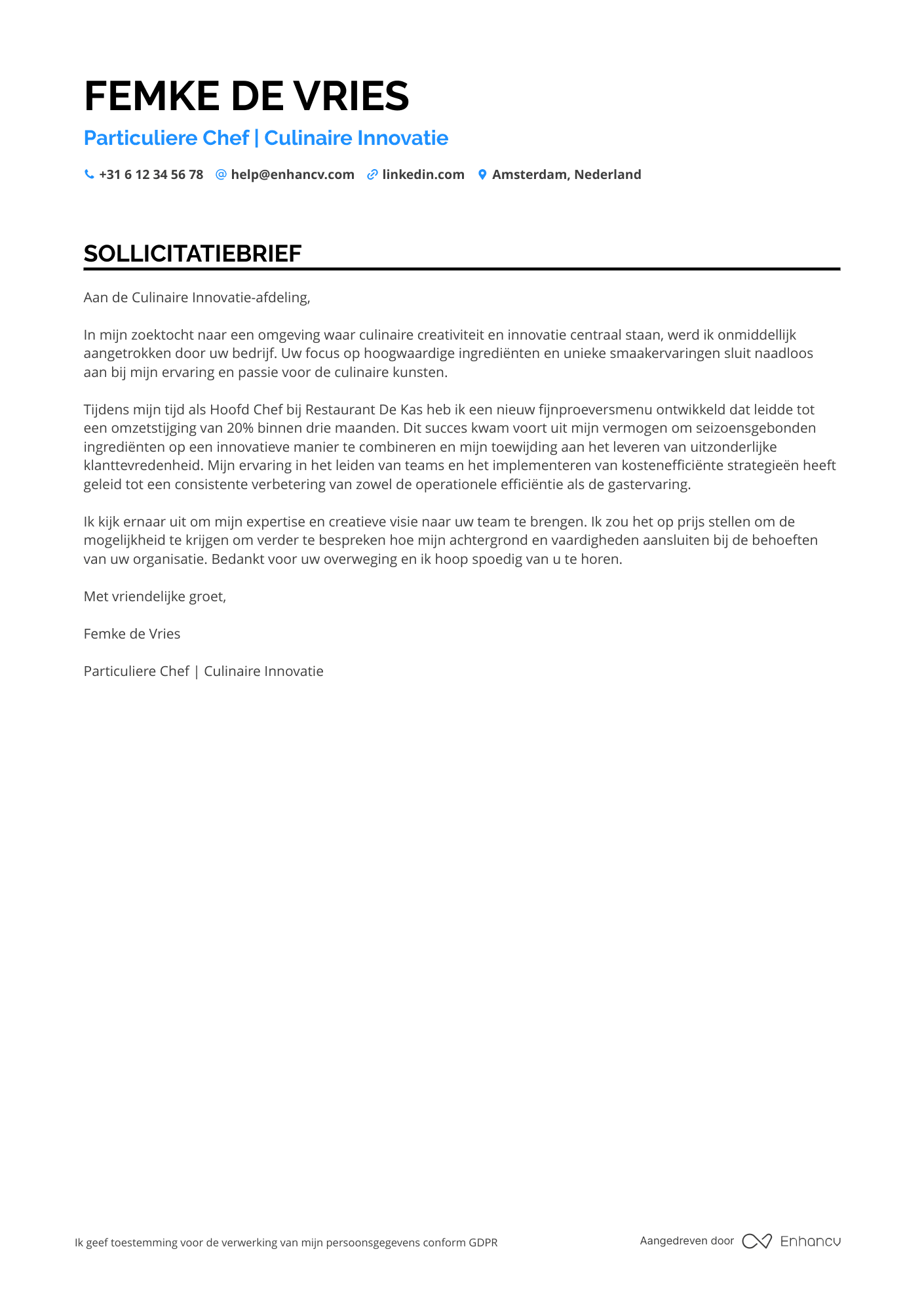 Sollicitatiebrief voor Particuliere Chef