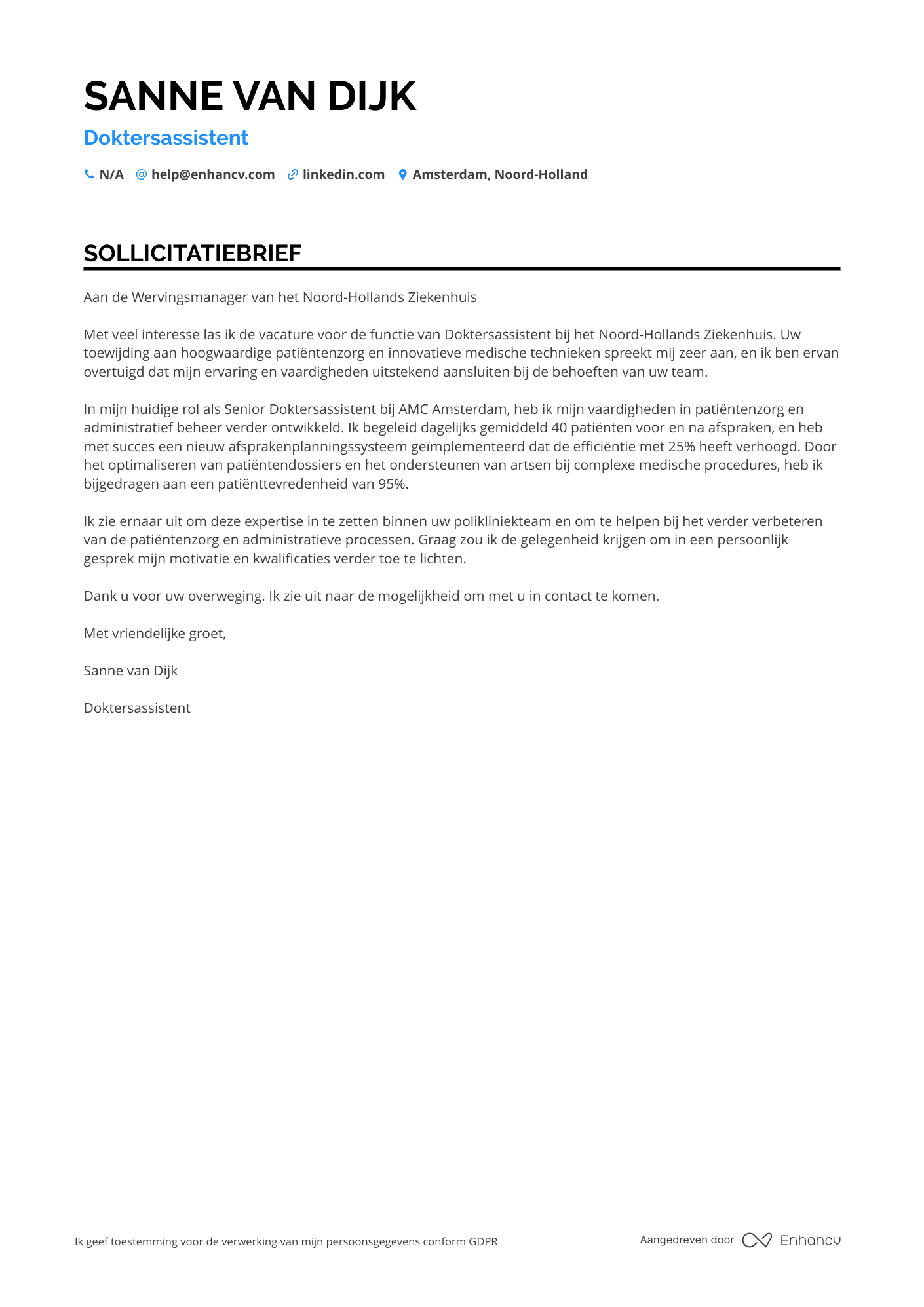 Sollicitatiebrief voor Doktersassistent Polikliniek