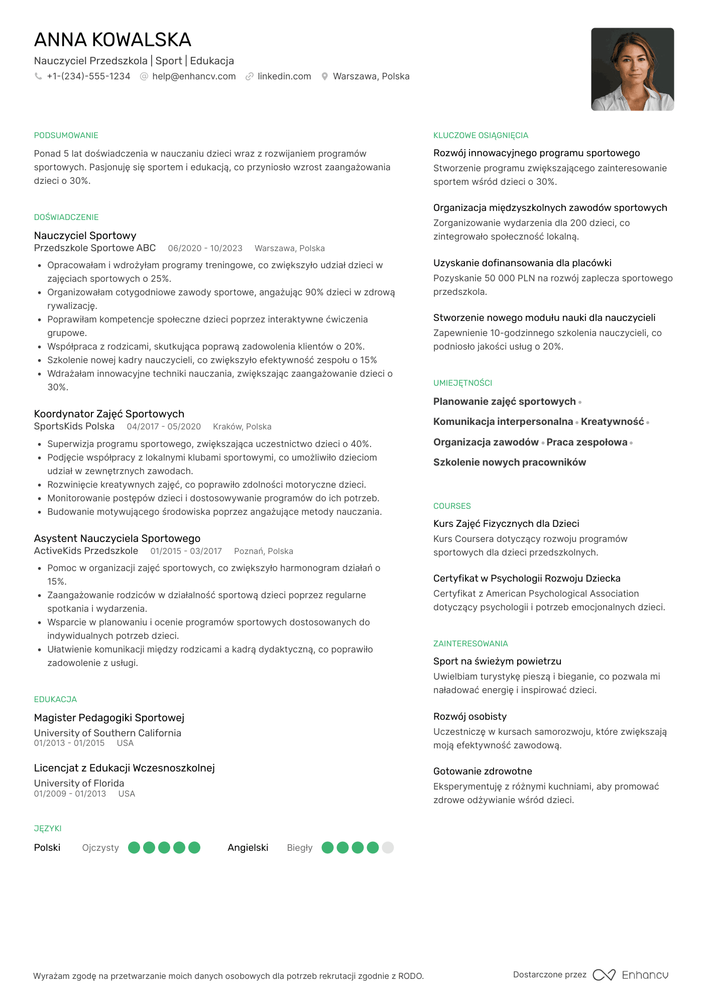 CV dla Nauczyciel Przedszkola Sportowy
