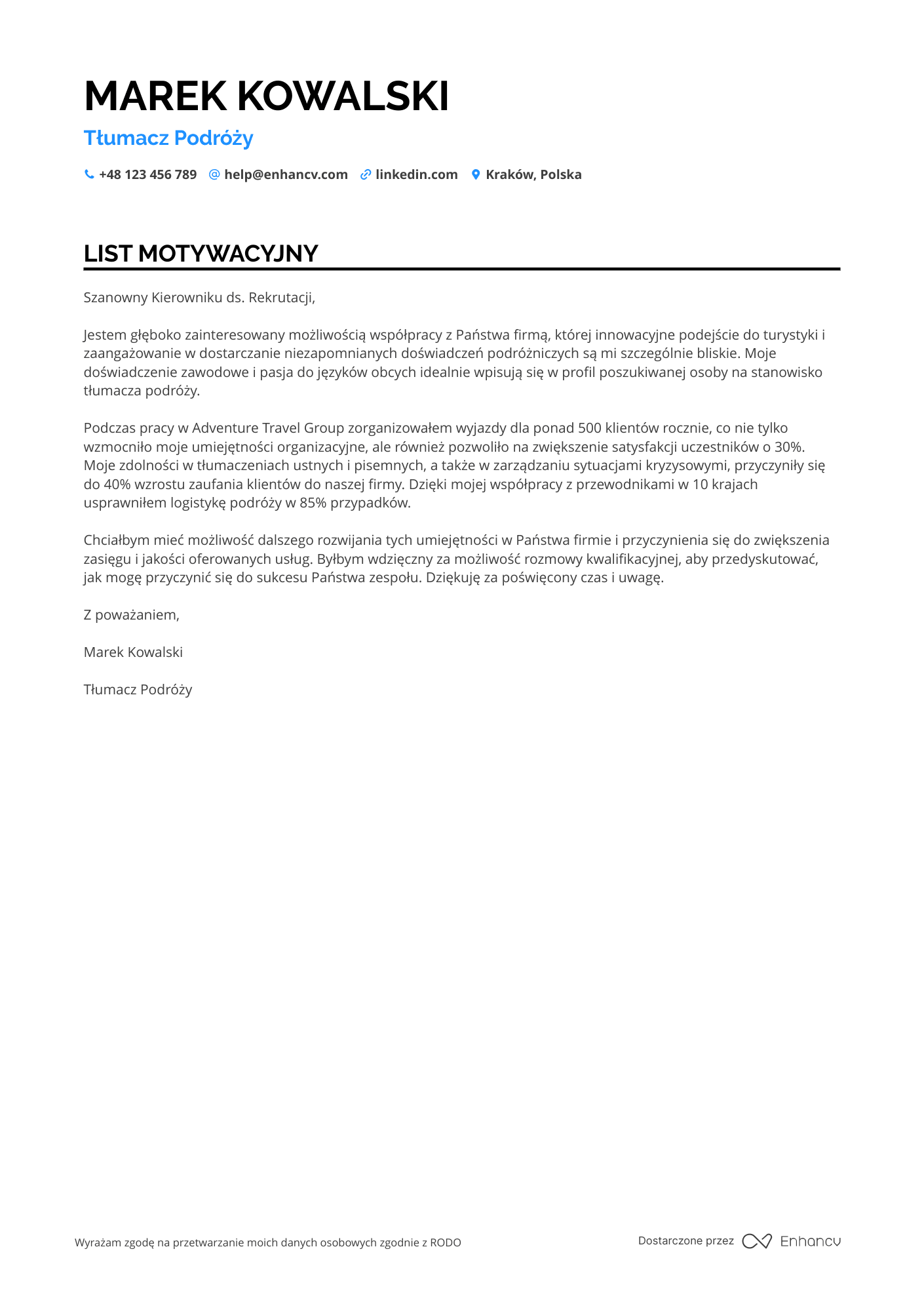 List motywacyjny dla Tłumacz Podróży
