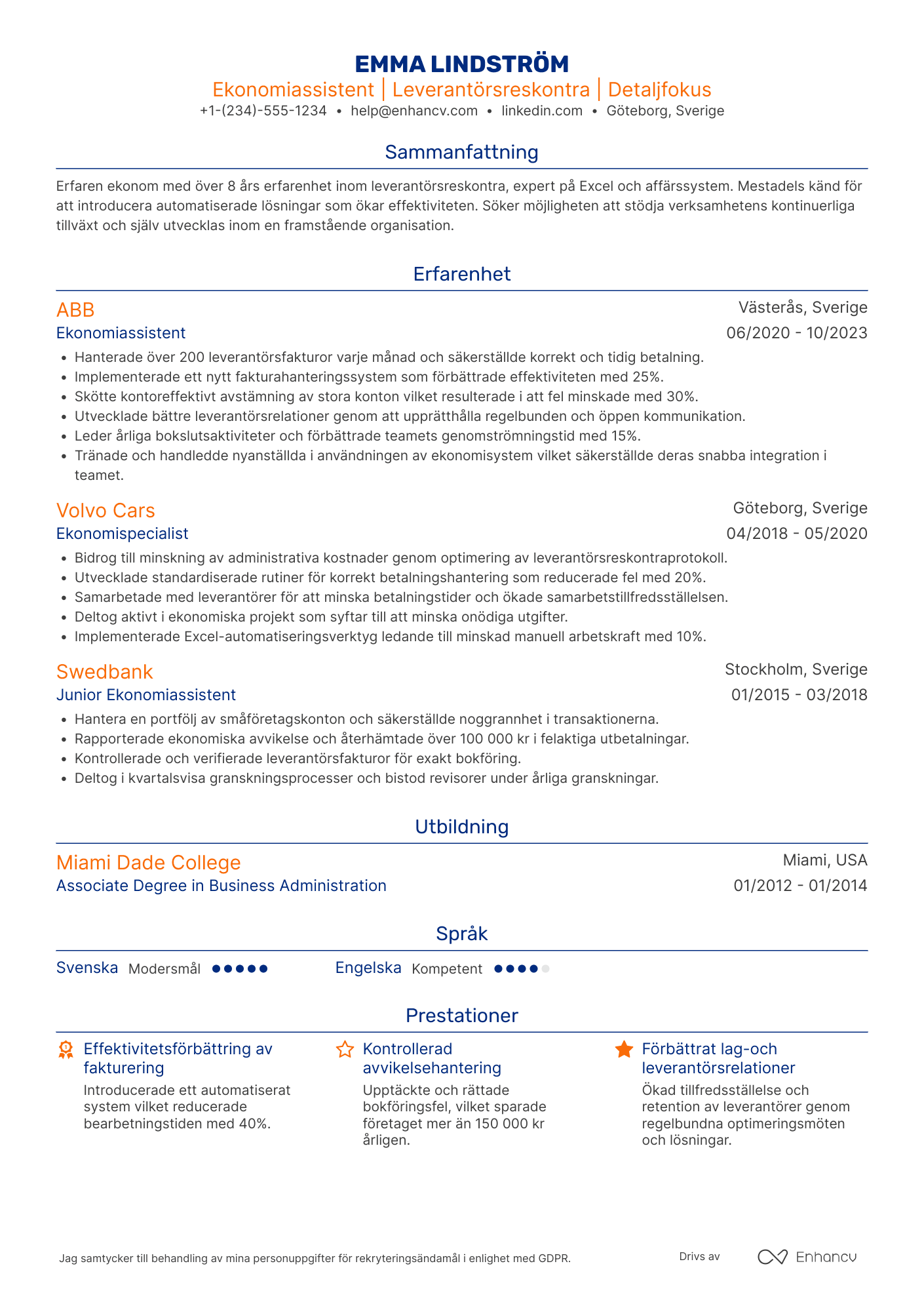 CV för Ekonomiassistent Leverantörsreskontra