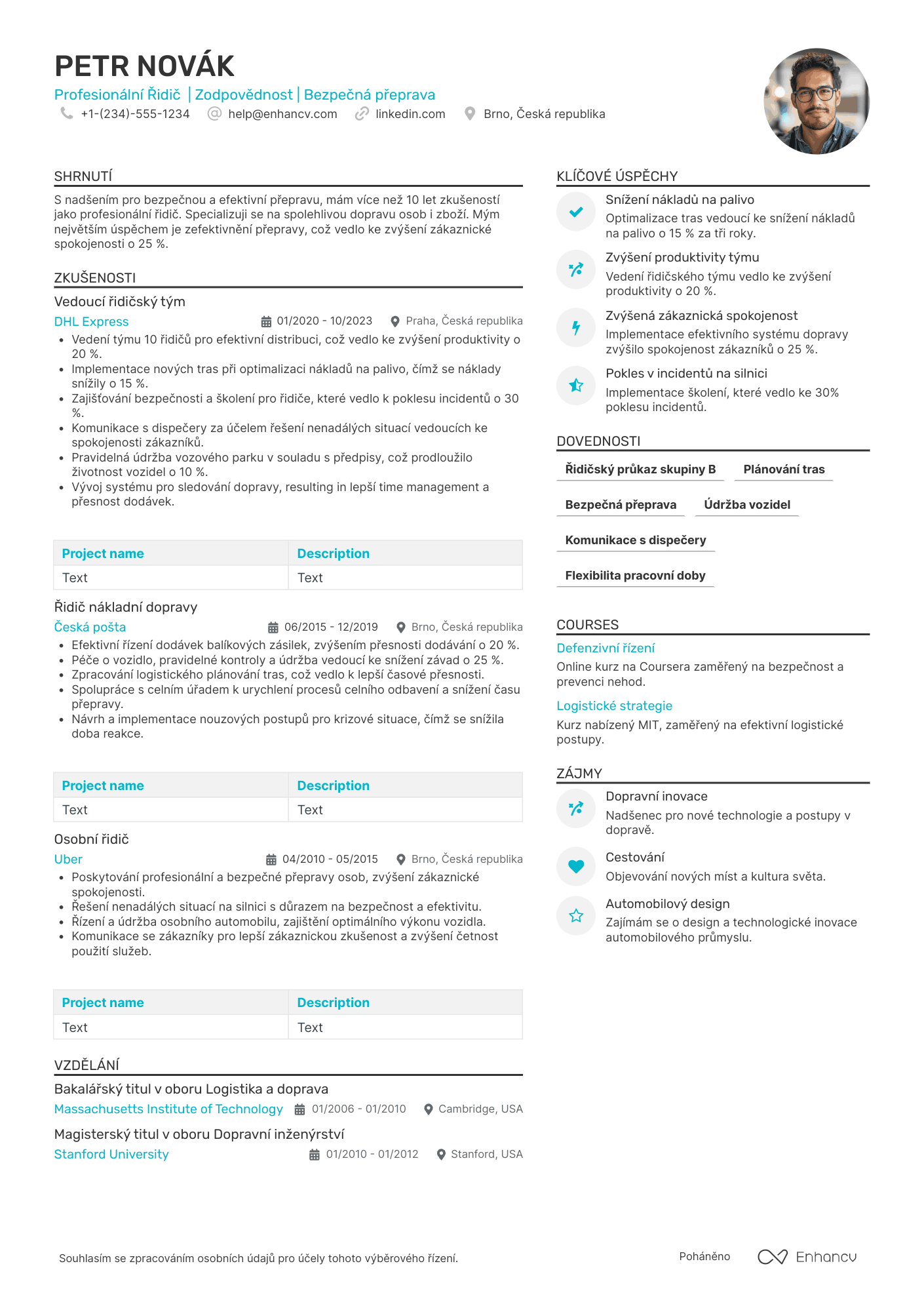 Vysoký výkonář CV šablona