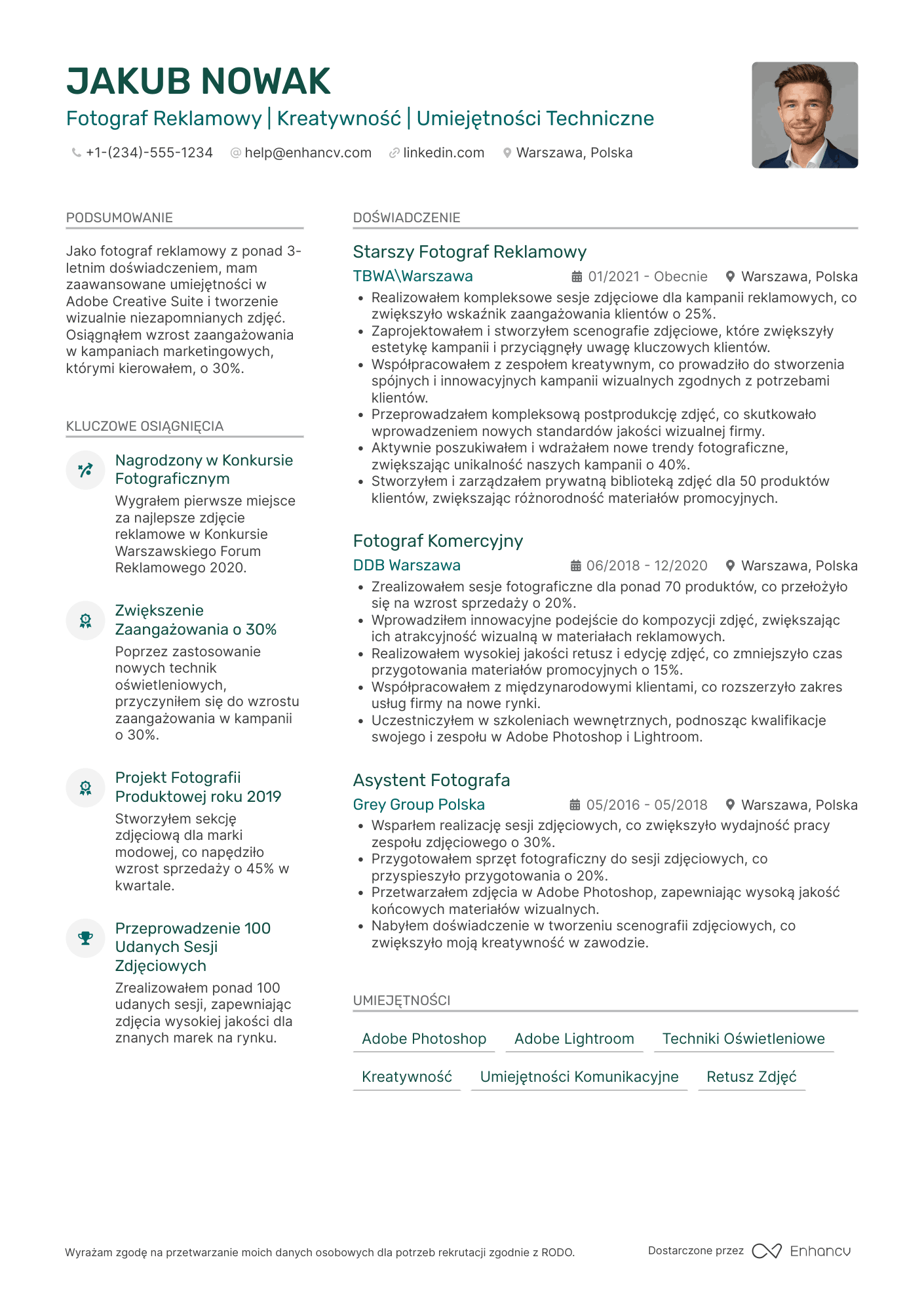 CV dla Fotograf reklamowy