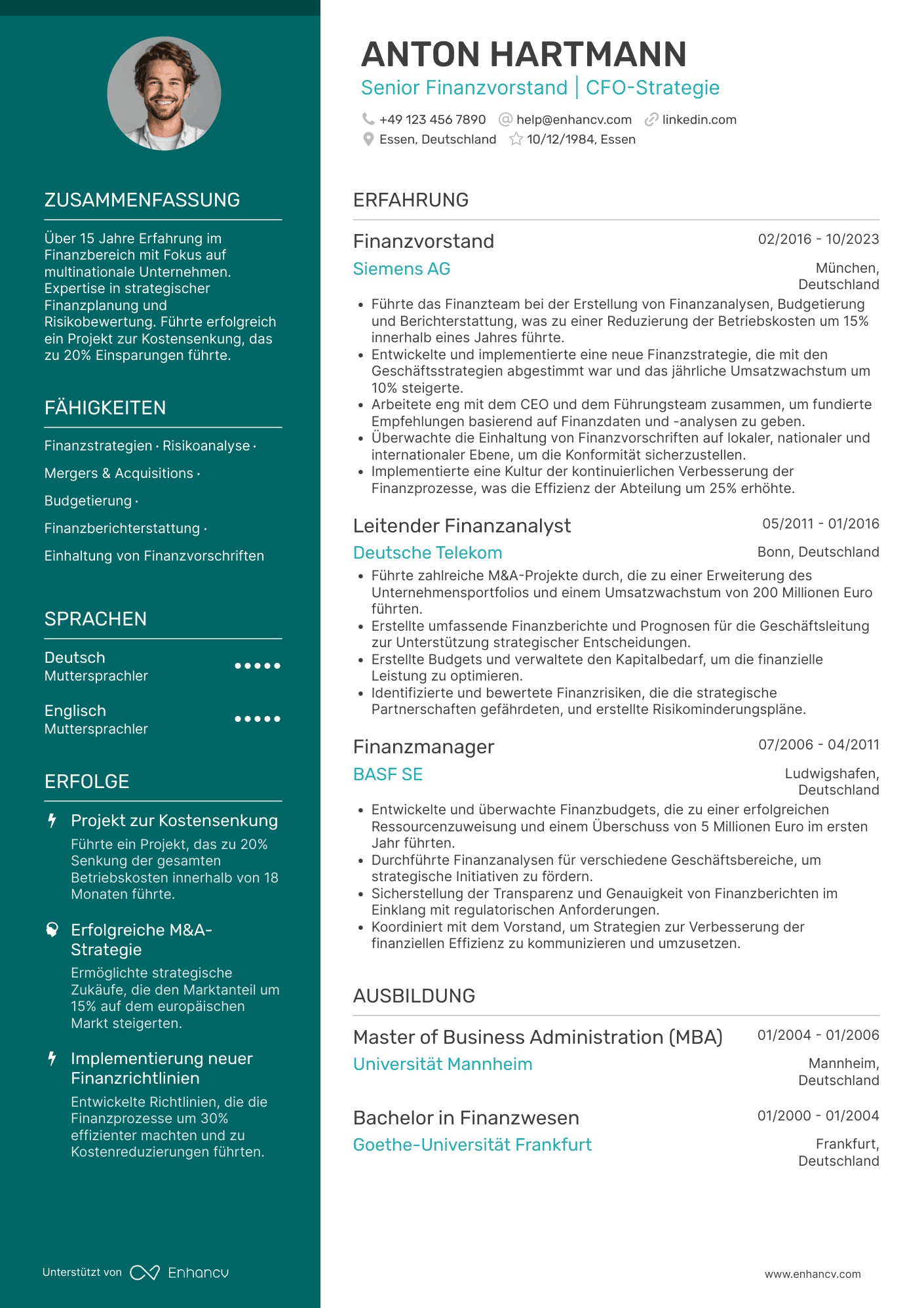 Lebenslauf als Senior Finanzvorstand