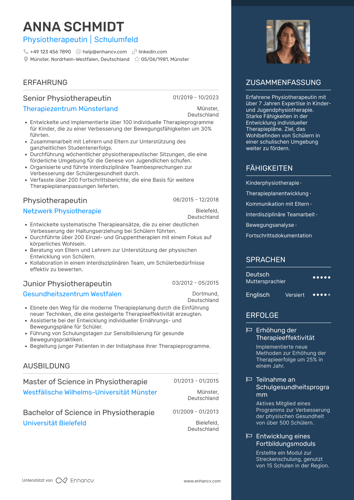 Lebenslauf in Physiotherapeut in einer Schule