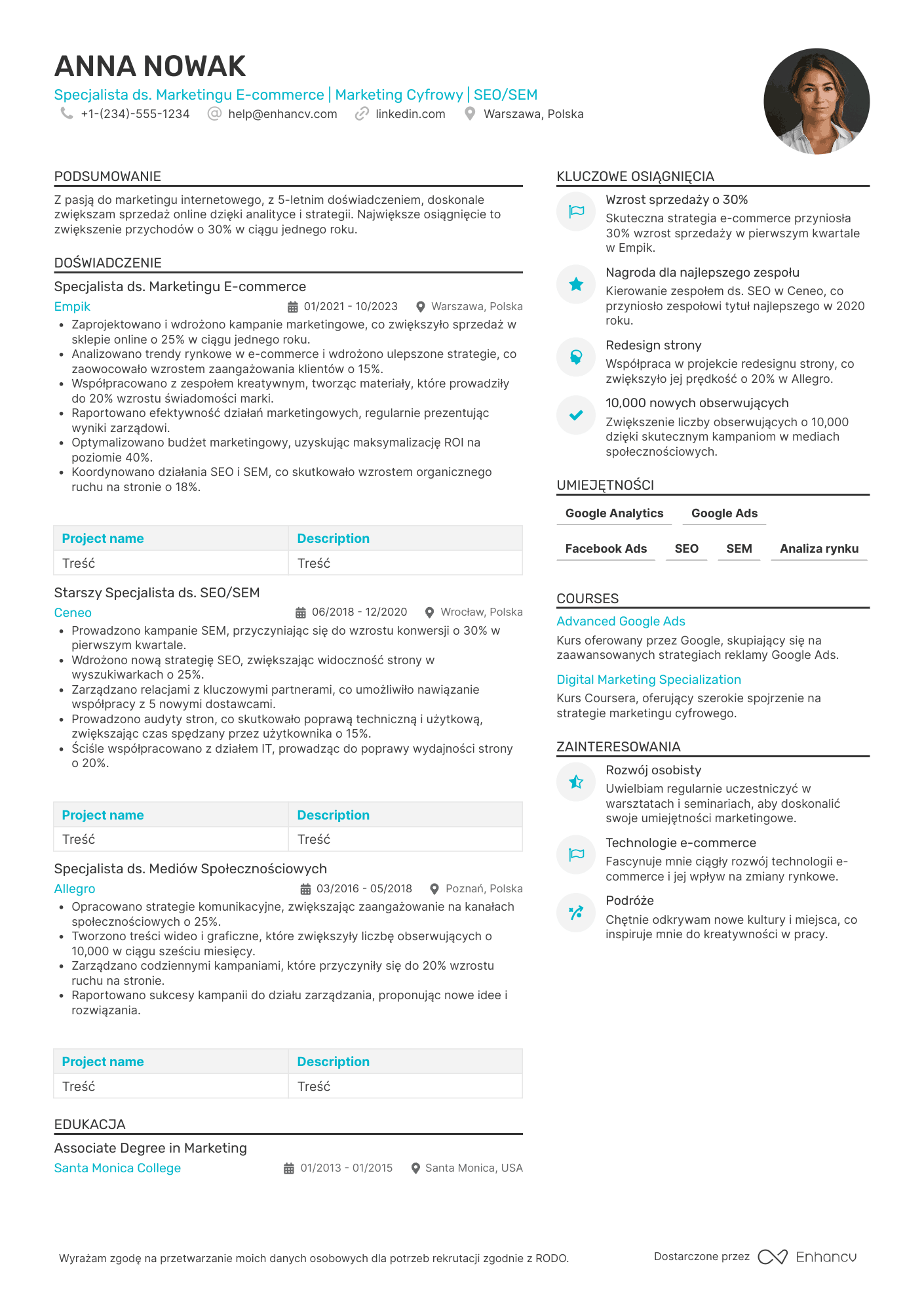 CV dla Specjalista ds. Marketingu E commerce